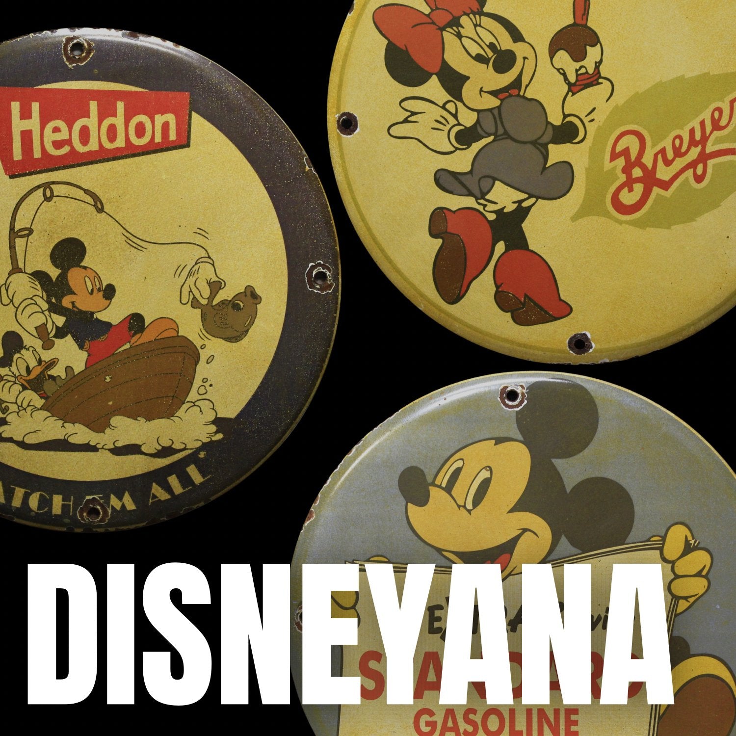Disney porcelain signs featuring vintage Mickey Mouse and classic character artwork made with real enamel and steel