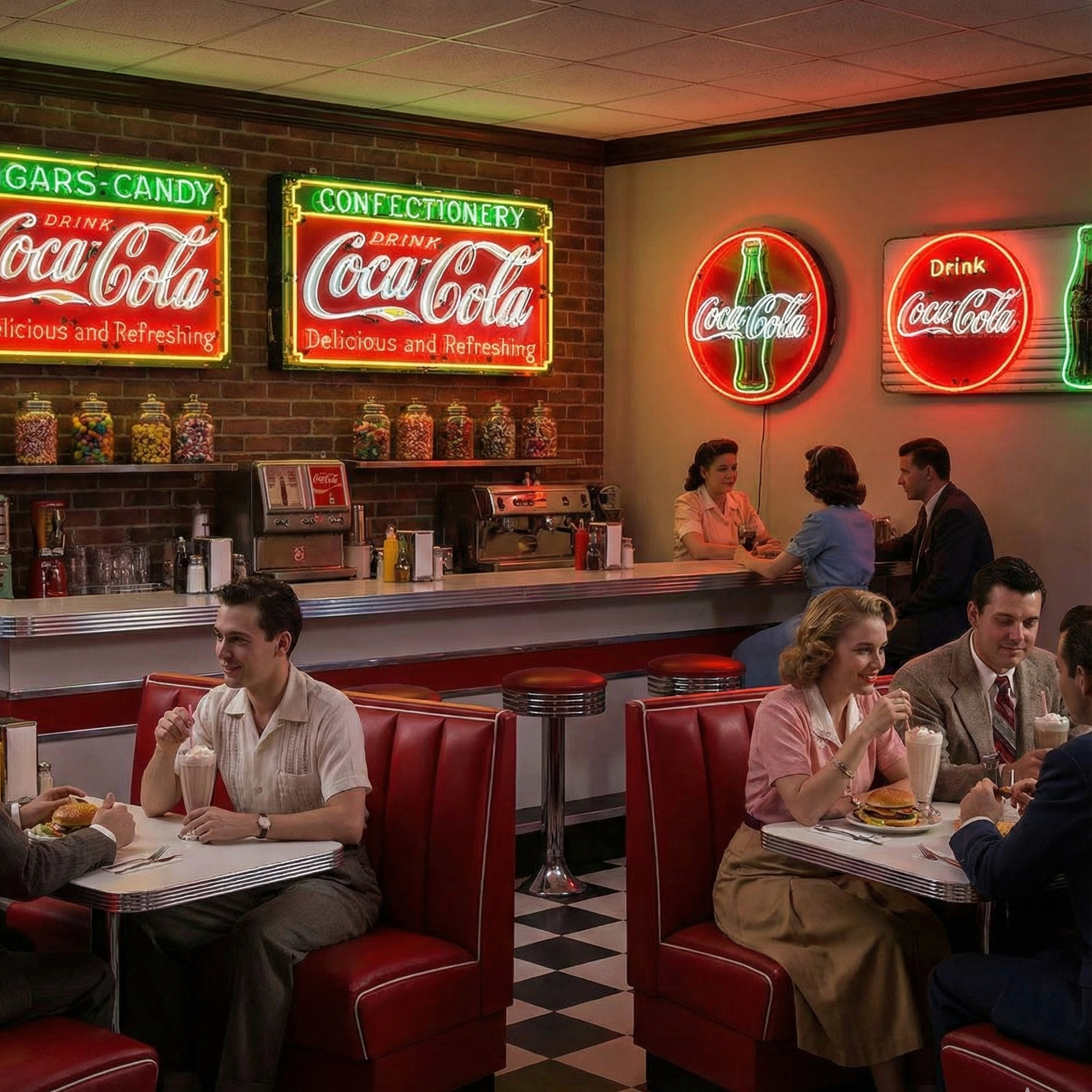 A nostalgic 1950s diner scene with red leather booths, a classic soda fountain counter, and glowing Coca-Cola neon and porcelain signs displayed on the brick walls while patrons enjoy milkshakes and burgers.