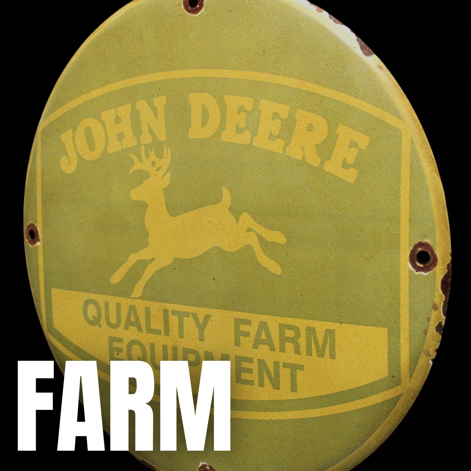Farm-themed porcelain signs featuring tractors, seed companies, and vintage agricultural brands made with real enamel and steel