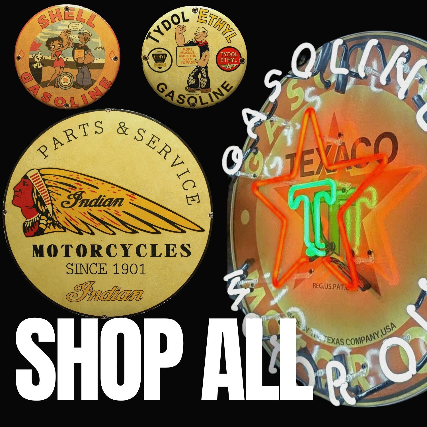 Browse all porcelain enamel and neon signs including gas, oil, auto, and vintage cartoon designs