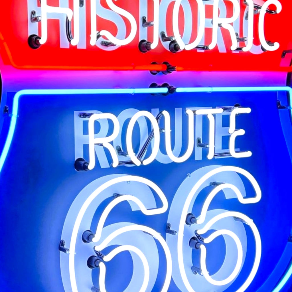 Historic Route 66 Neon Porcelain U.S. Highway Shield with Die Cut Steel Can