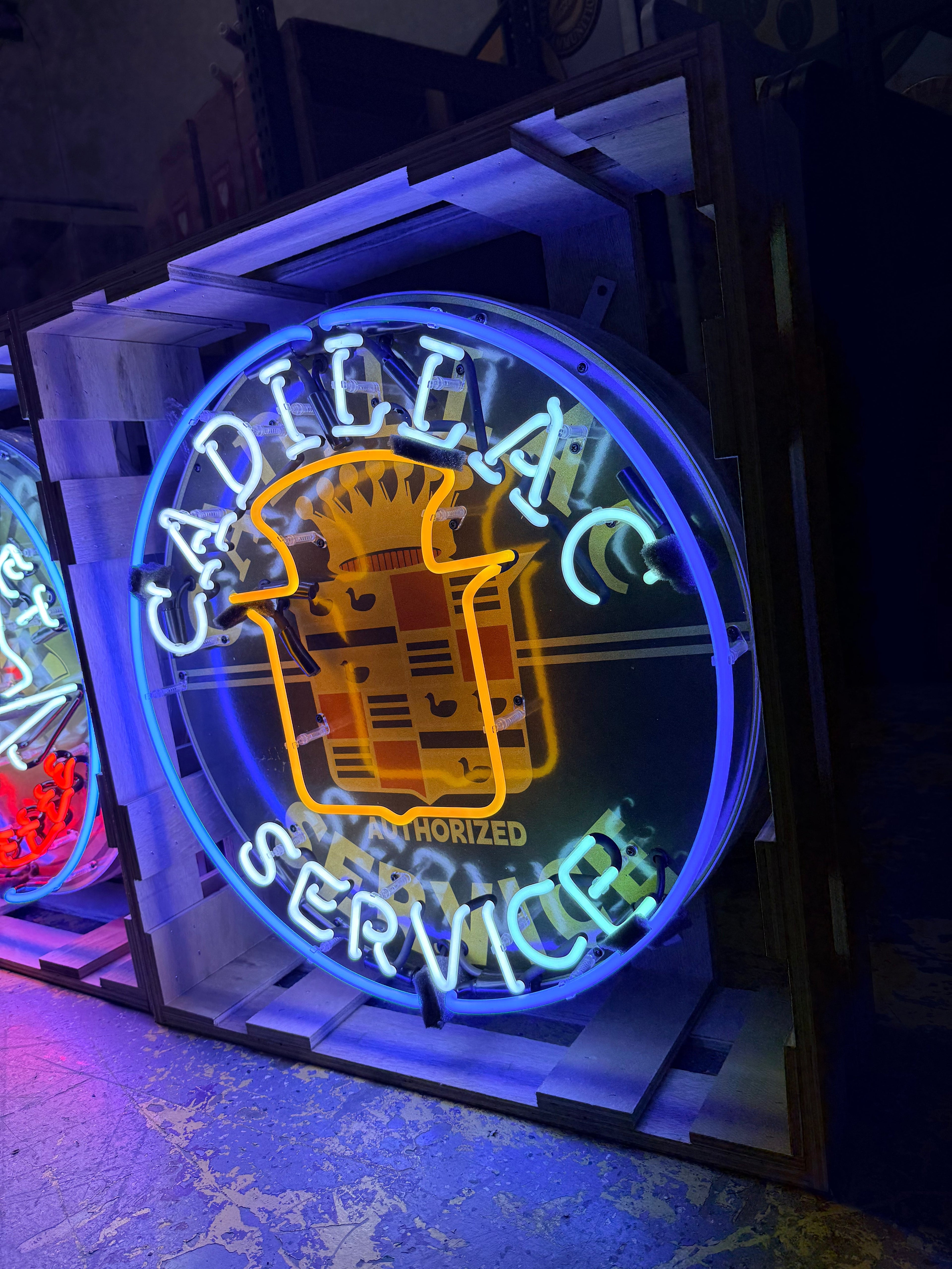 Cadillac Authorized Service Single-Sided Neon Porcelain Box Sign