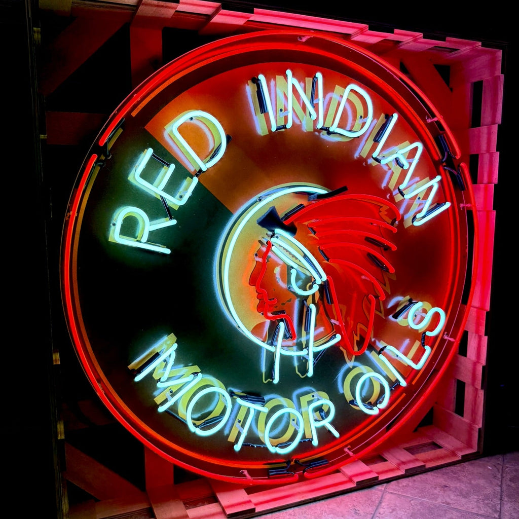 Red Indian Motor Oils Single-Sided Neon Porcelain Box Sign
