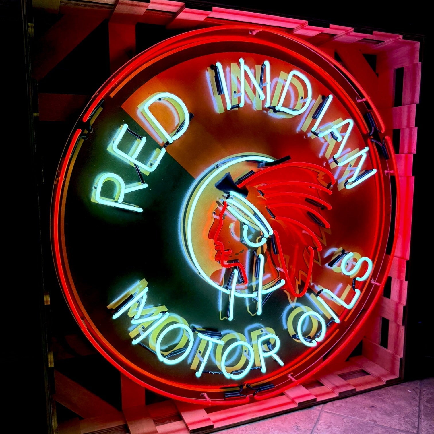 Red Indian Motor Oils Single-Sided Neon Porcelain Box Sign