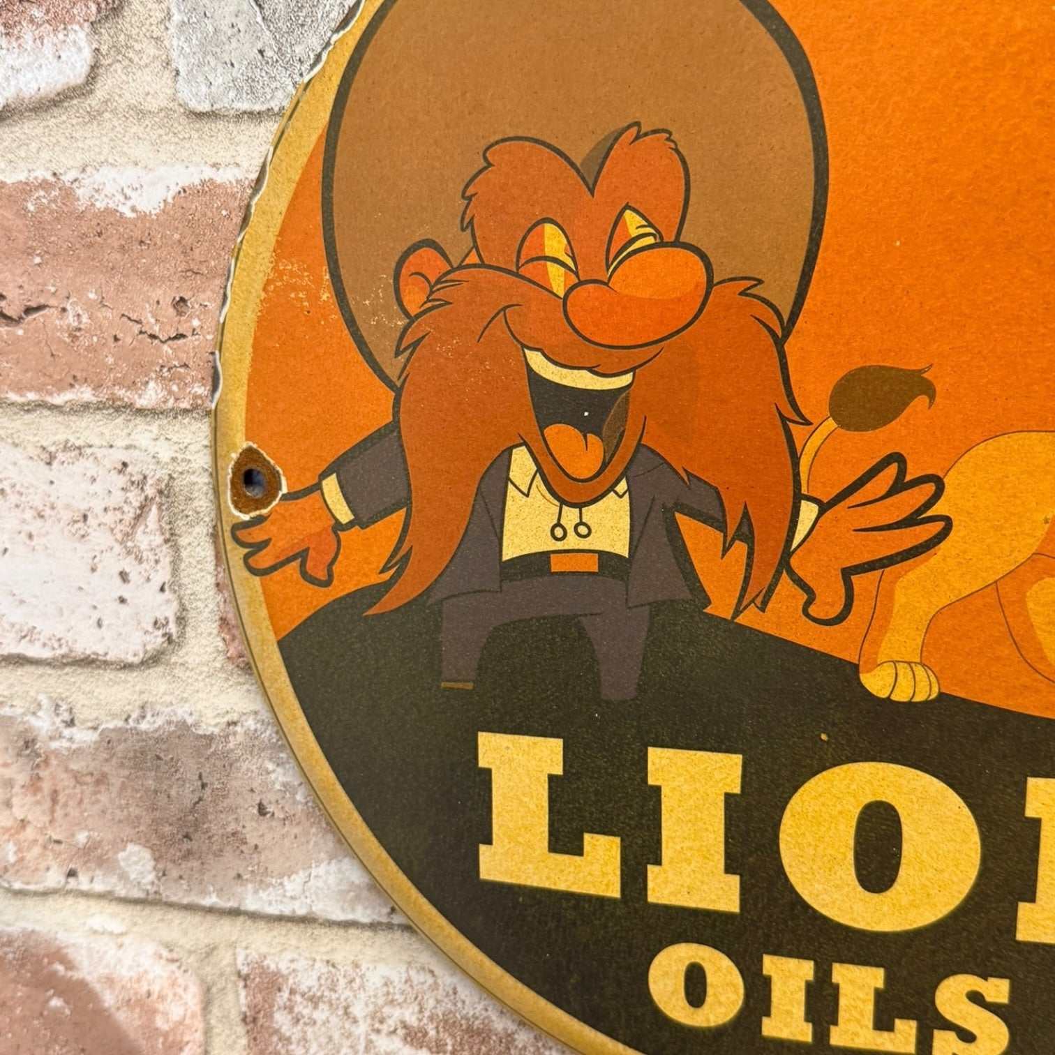 Lion Oils 1954 Authentic Porcelain Sign with Yosemite Sam & Vintage Cartoon Lion