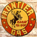Frontier Gasoline Rarin' To Go Vintage Porcelain Enamel Metal Sign 12-Inch