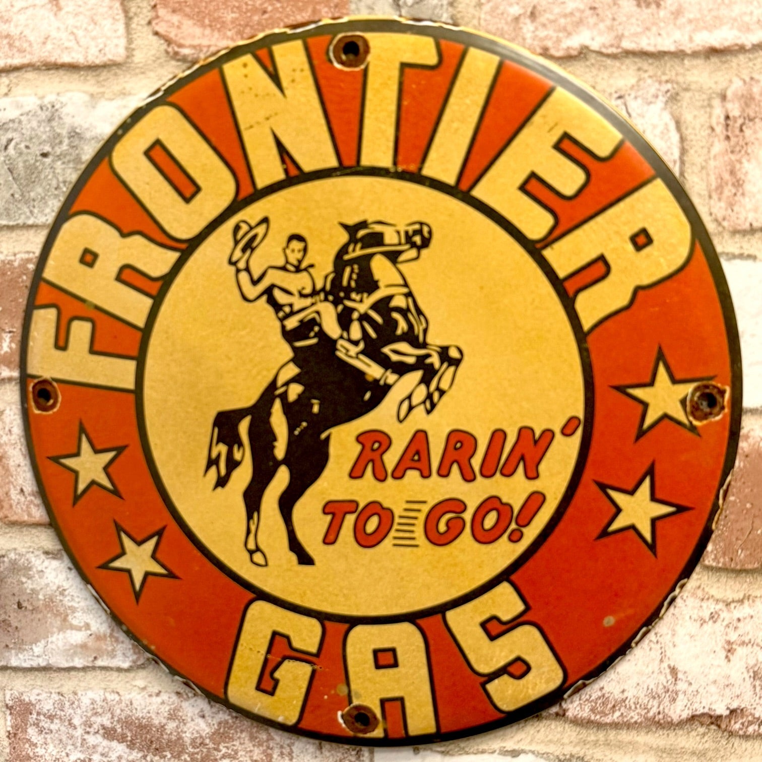 Frontier Gasoline Rarin' To Go Vintage Porcelain Enamel Metal Sign 12-Inch