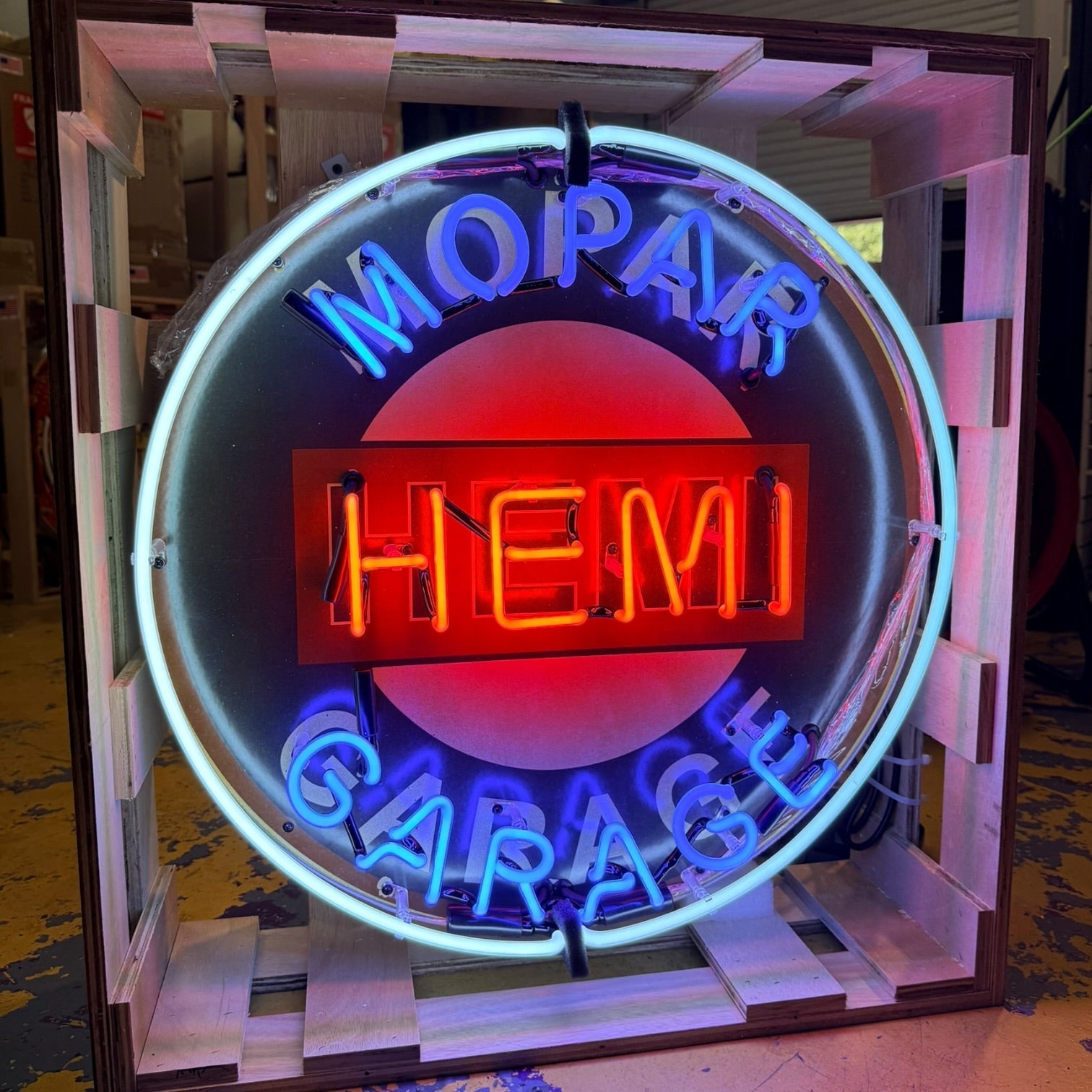 Mopar Hemi Garage Single-Sided Neon Porcelain Box Sign