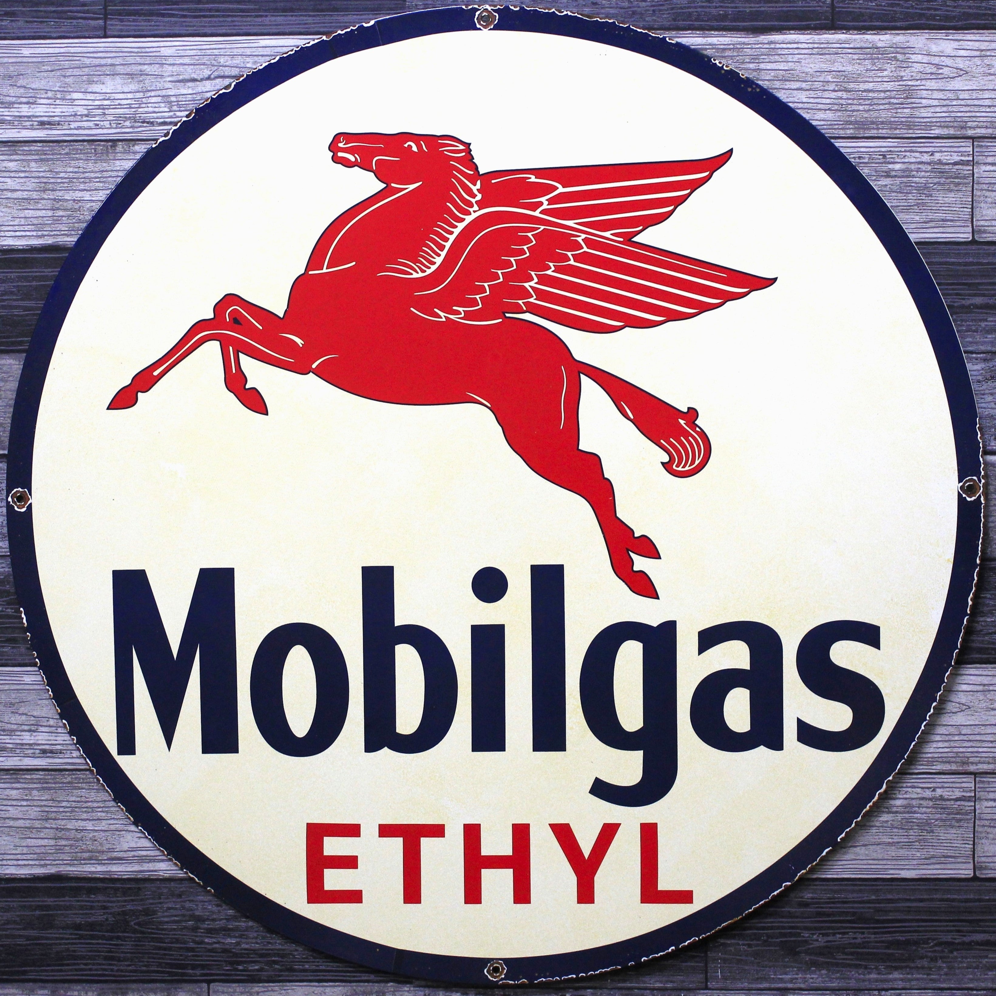 Mobilgas Ethyl Pegasus Large 30-Inch Porcelain Vintage Metal Gas or Service Station Sign