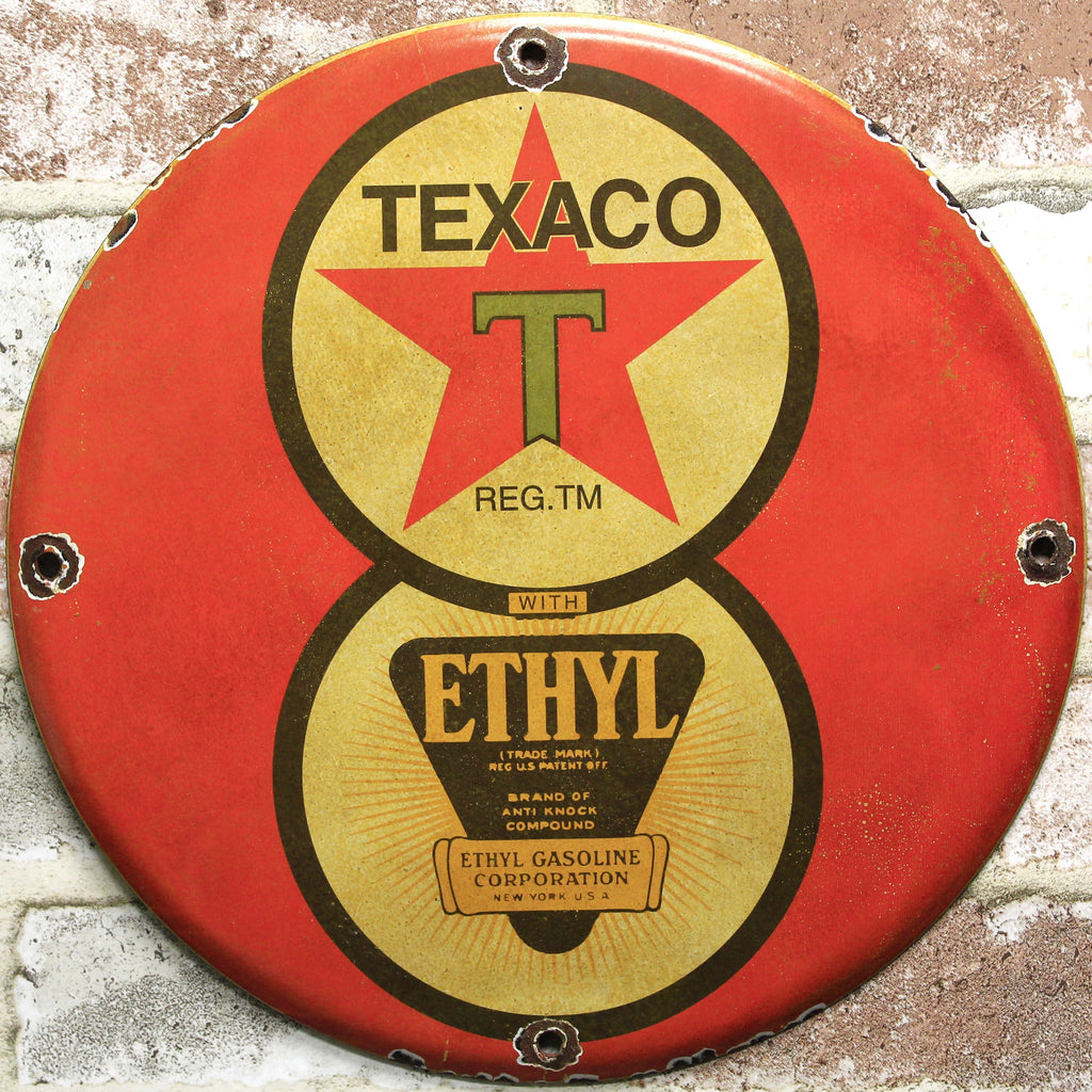 Texaco with Ethyl Gasoline Porcelain Enamel Sign (12in)
