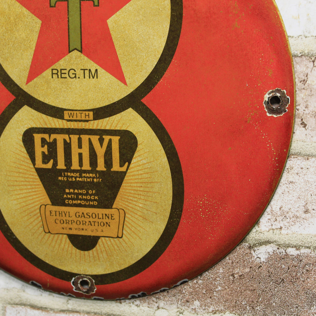 Texaco with Ethyl Gasoline Porcelain Enamel Sign (12in)