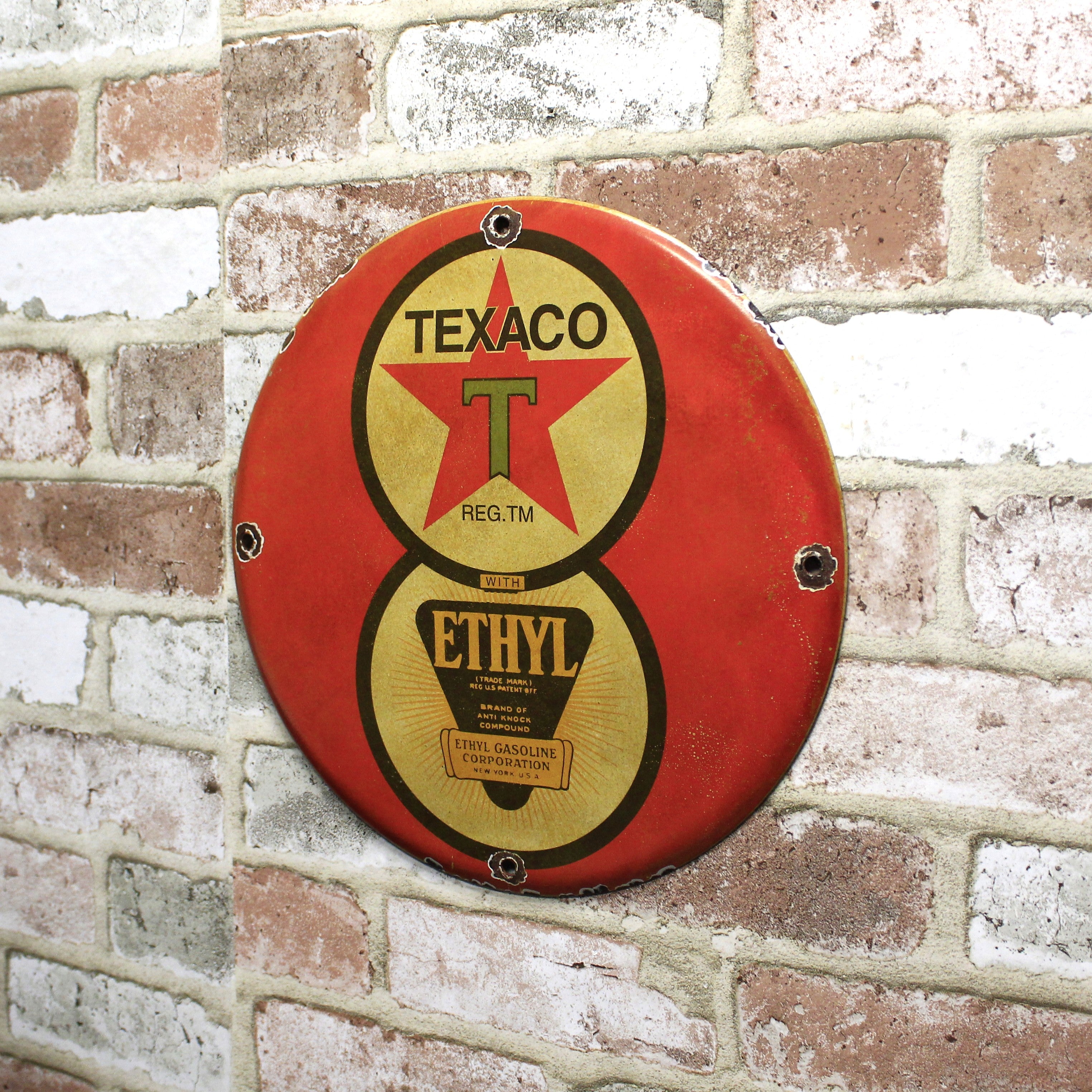 Texaco with Ethyl Gasoline Porcelain Enamel Sign (12in)