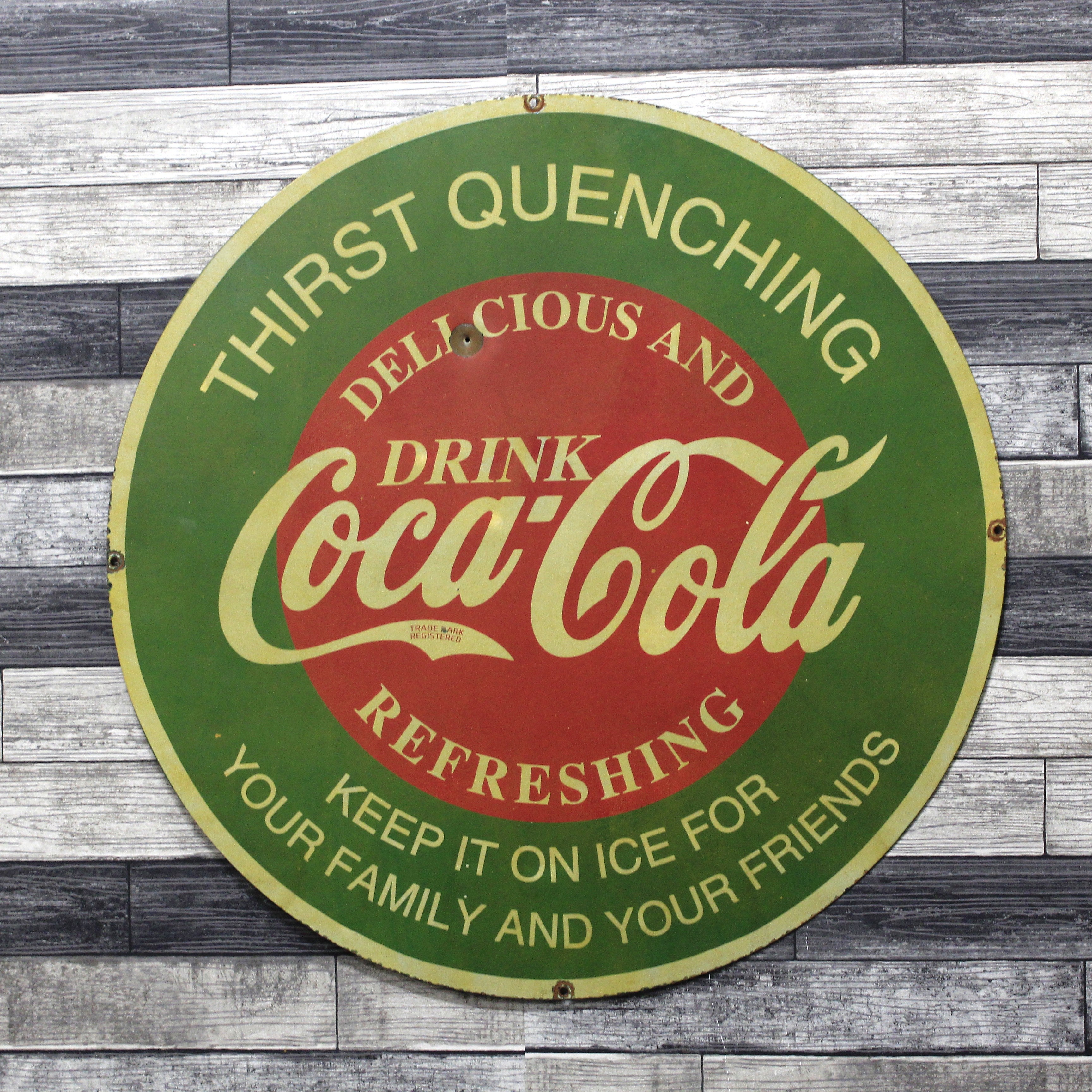 Classic Refreshing Coca-Cola Large 30-Inch Porcelain Vintage Advertising Sign with Bullet Hole