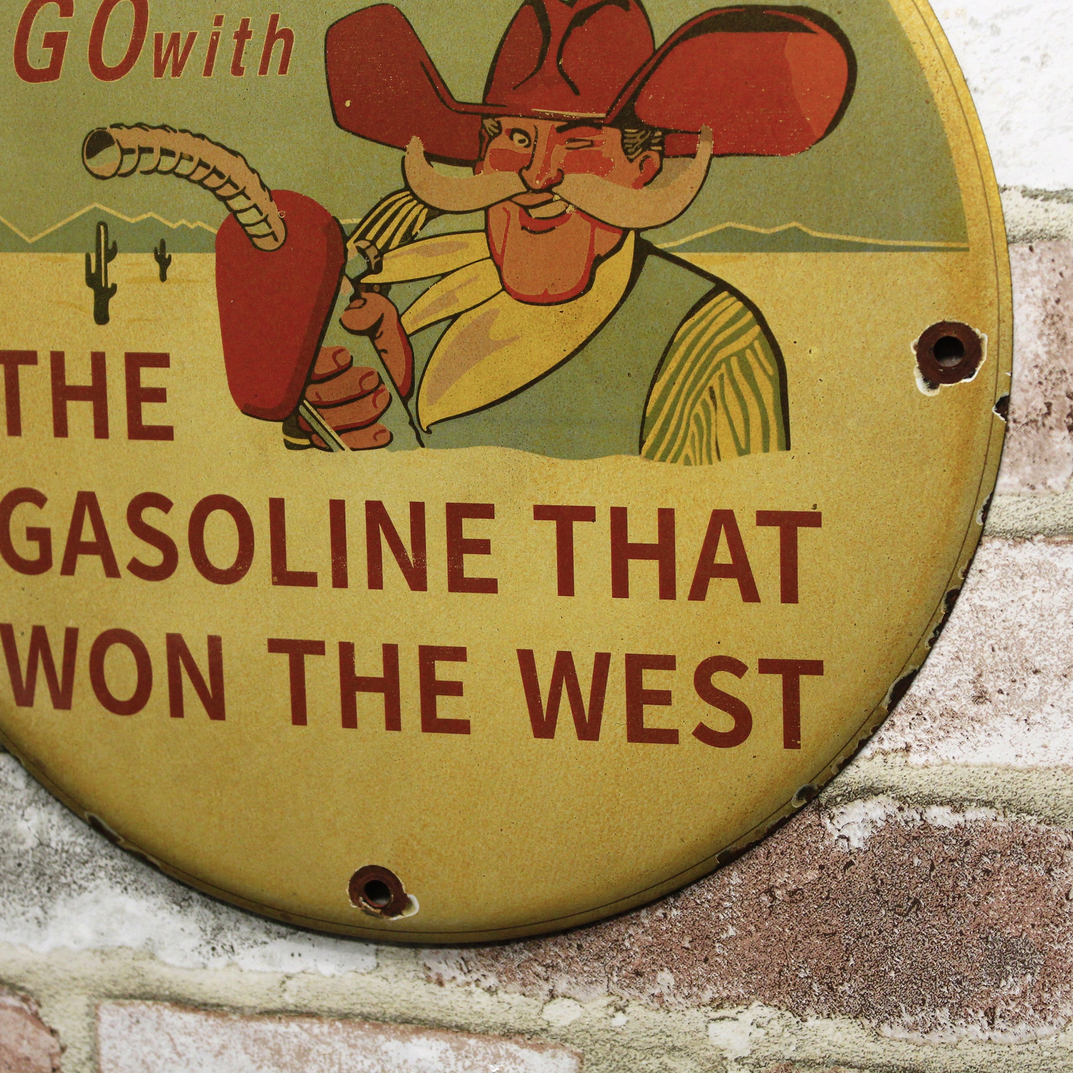Phillips 66 Cowboy Gas That Won the West Vintage Porcelain Enamel Sign (12in)