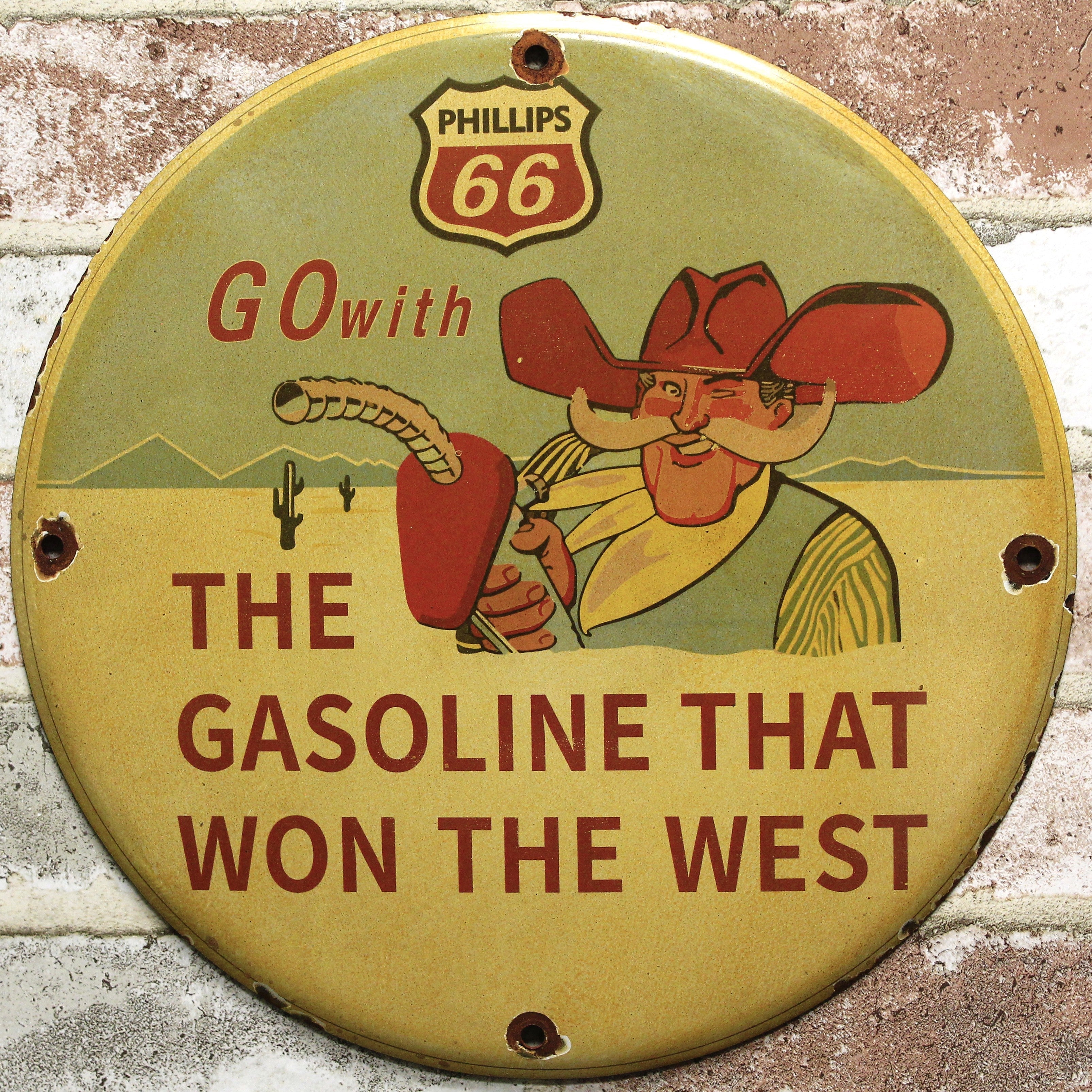 Phillips 66 Cowboy Gas That Won the West Vintage Porcelain Enamel Sign (12in)