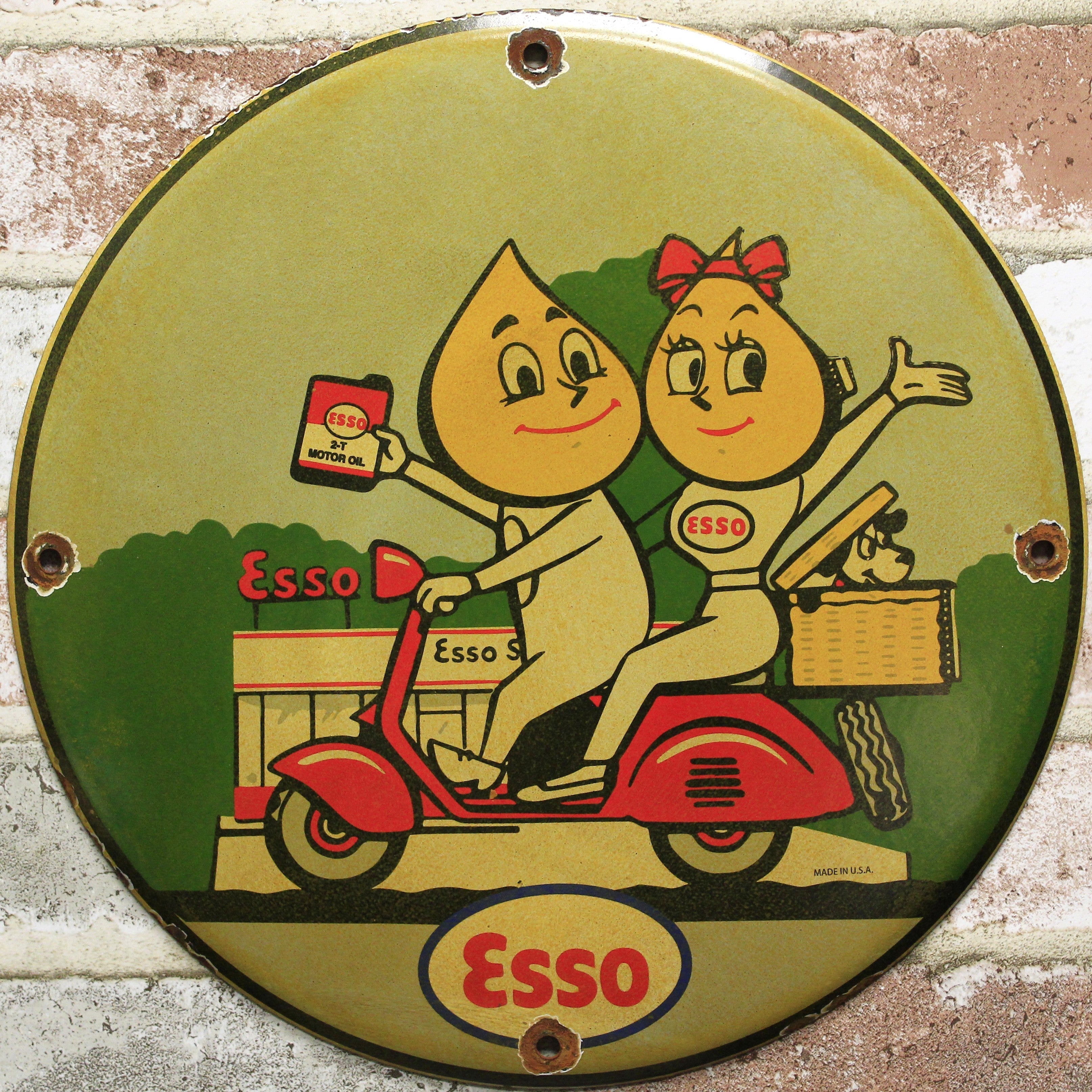 Esso Oil Drop Boy & Girl Porcelain Enamel Sign (12in)