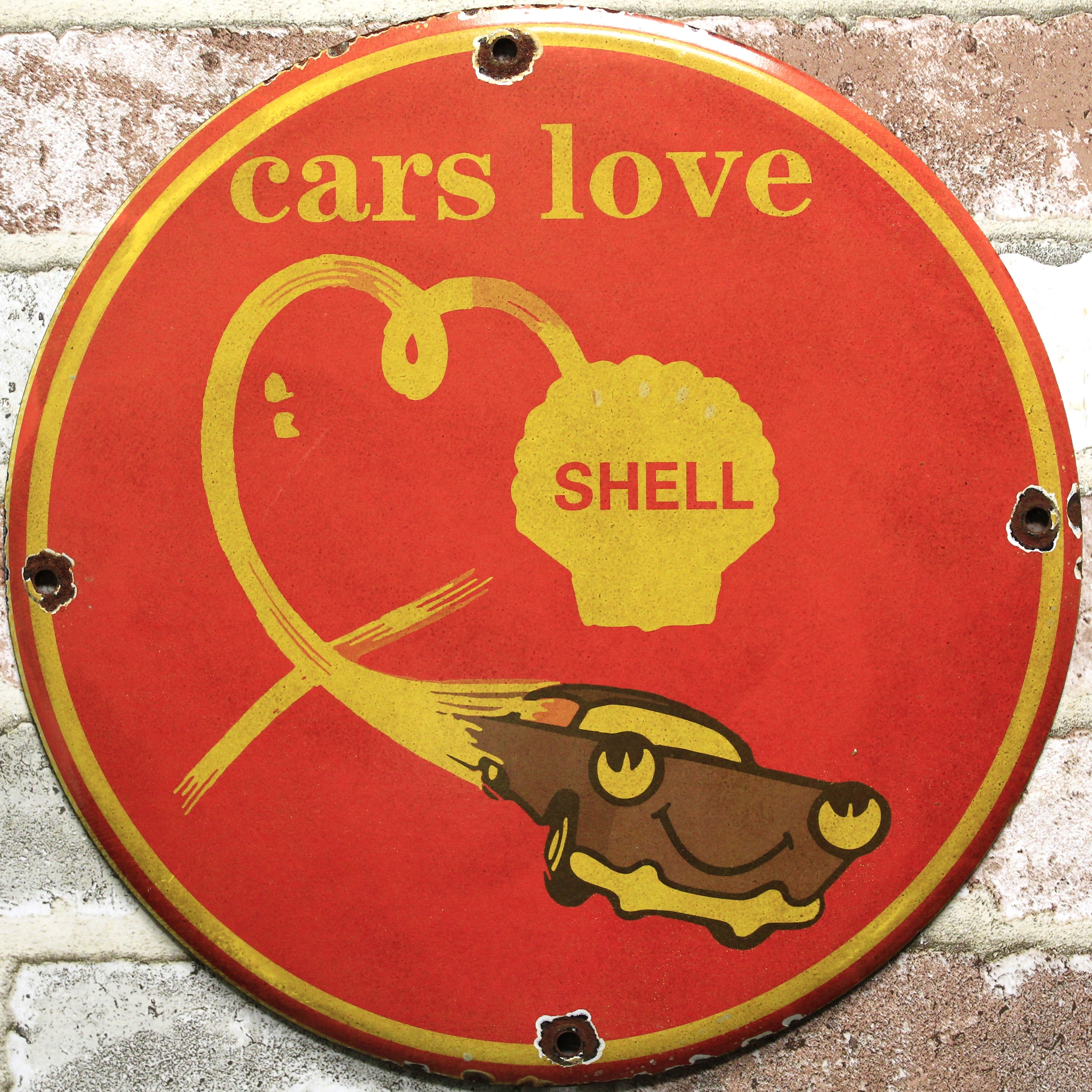Cars Love Shell Motor Oil Porcelain Enamel Sign (12in)
