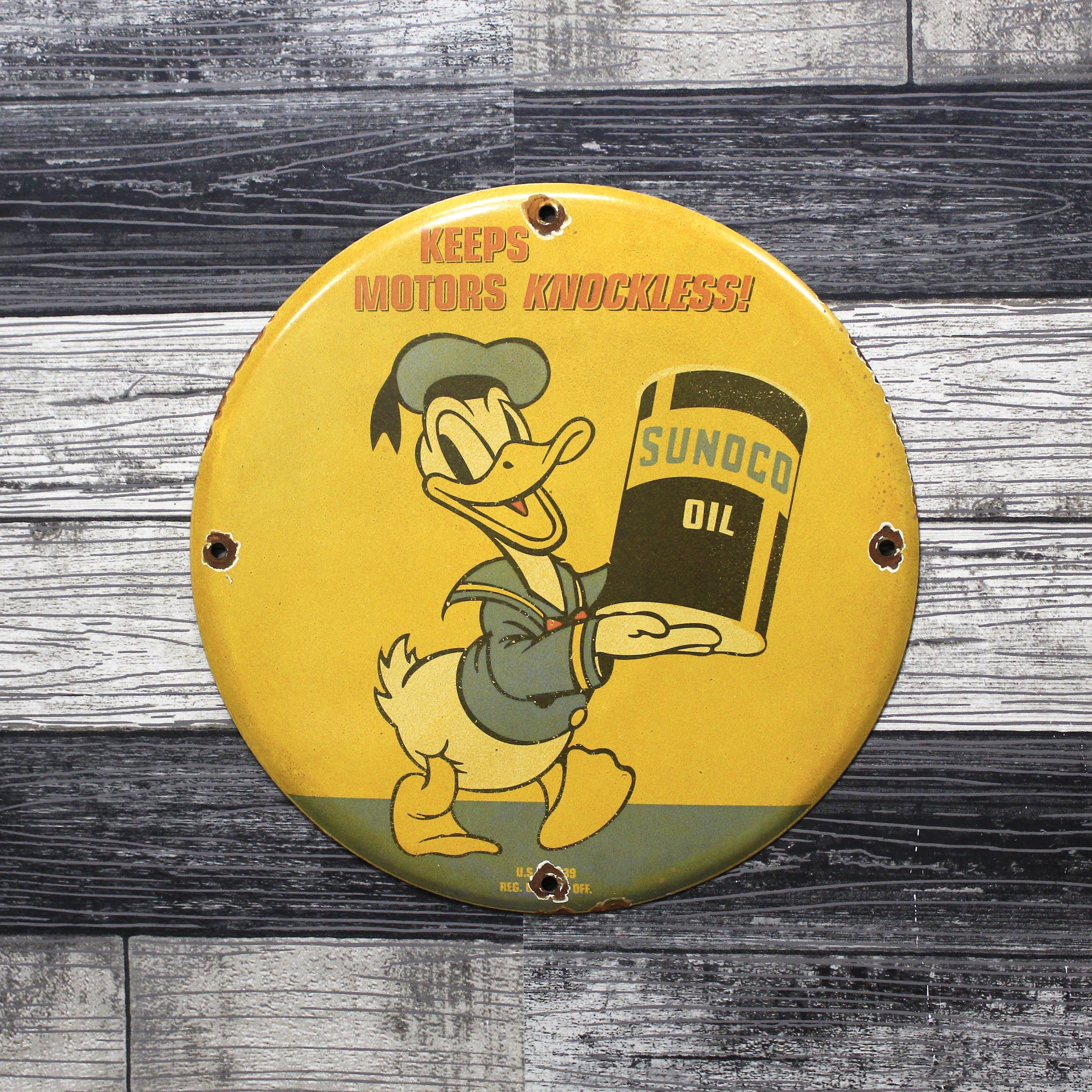 Sunoco Oil with Donald Duck Vintage Porcelain Enamel Sign (12in)