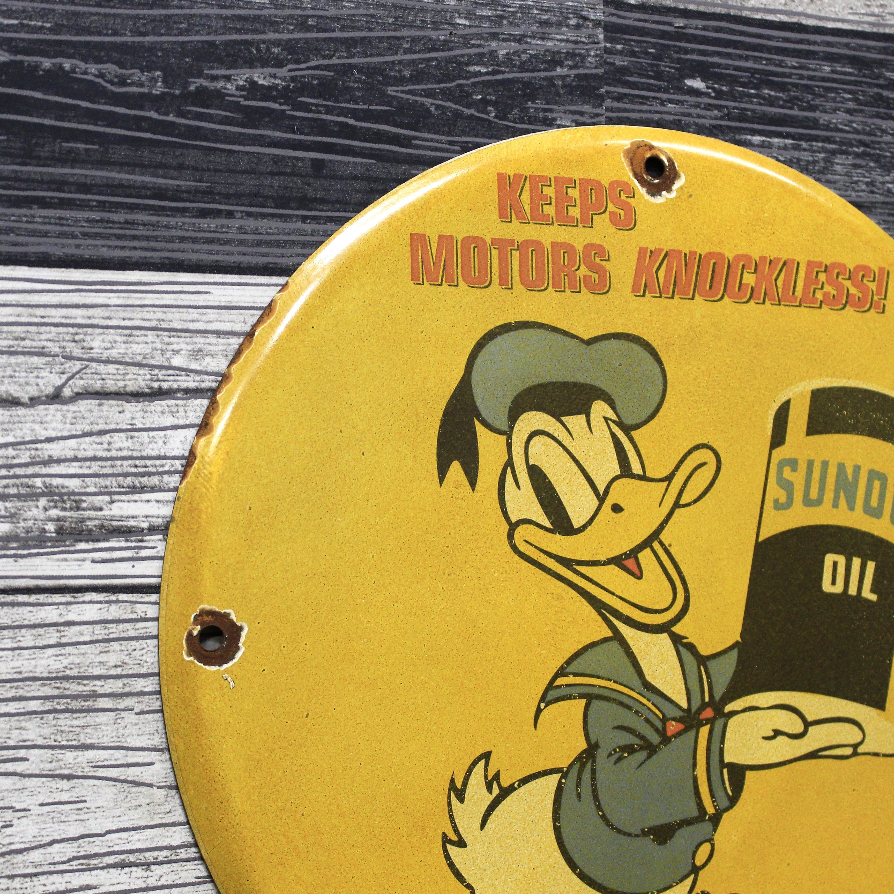 Sunoco Oil with Donald Duck Vintage Porcelain Enamel Sign (12in)