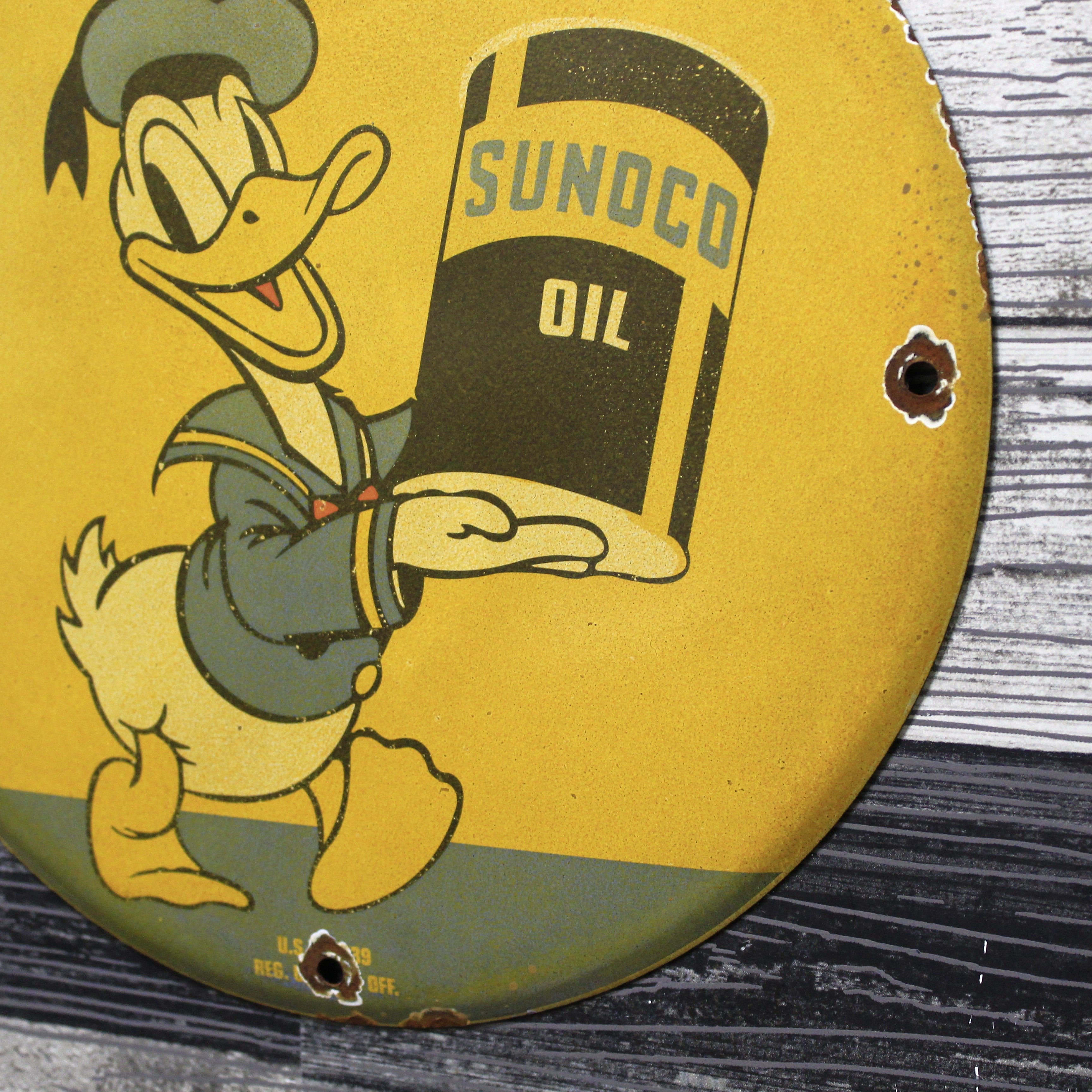 Sunoco Oil with Donald Duck Vintage Porcelain Enamel Sign (12in)