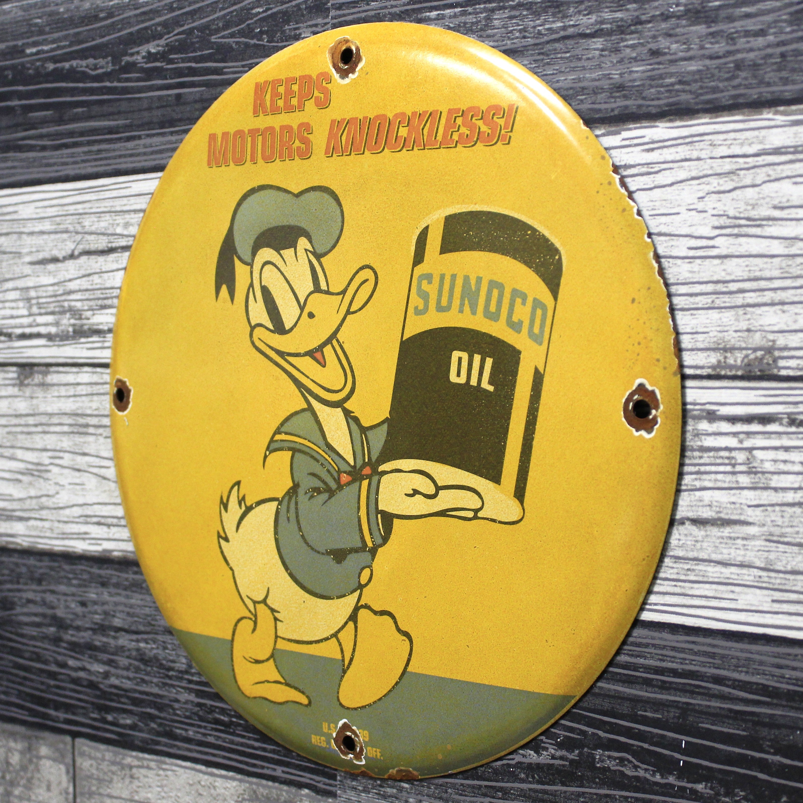 Sunoco Oil with Donald Duck Vintage Porcelain Enamel Sign (12in)