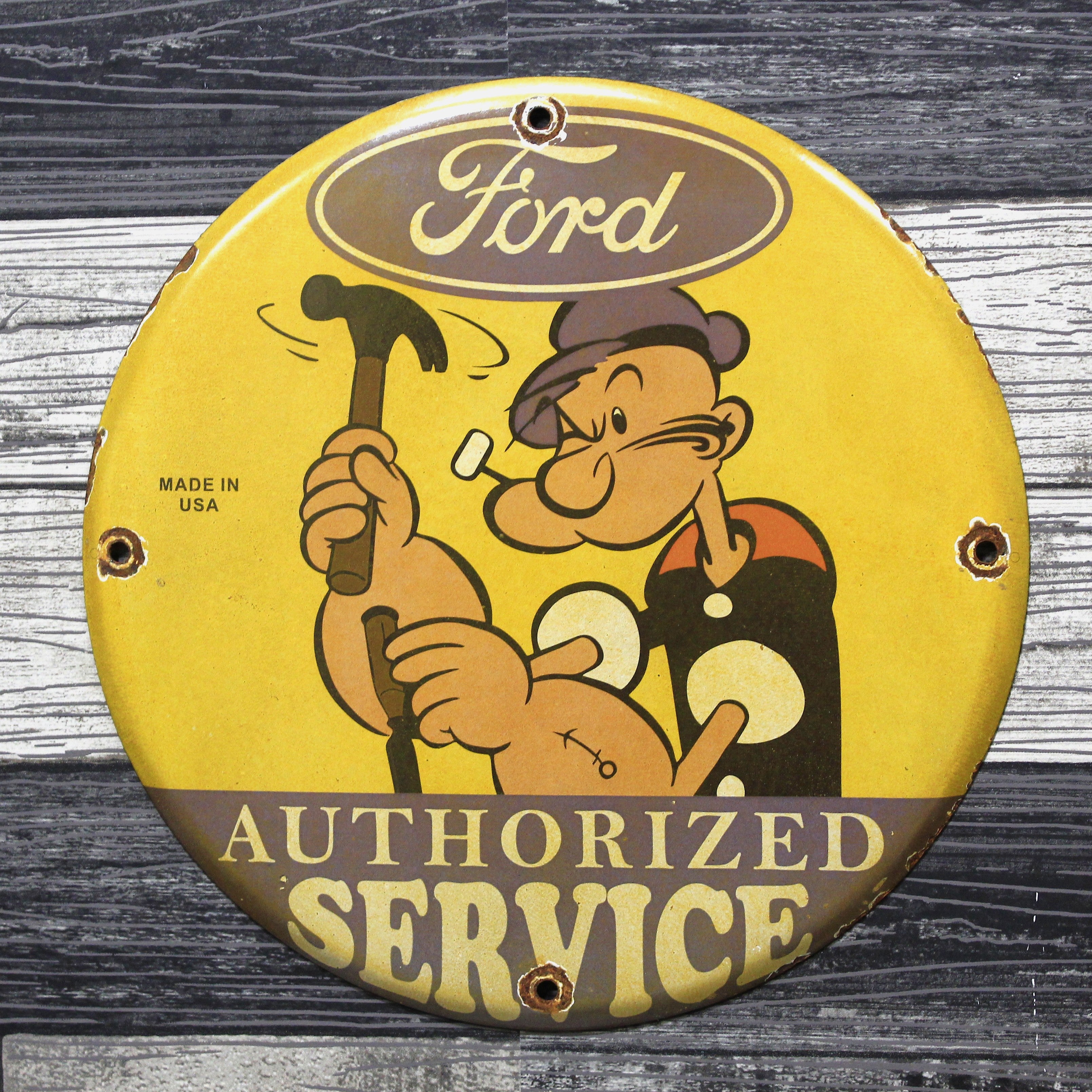 Ford Authorized Service with Popeye Porcelain Enamel Sign (12in)