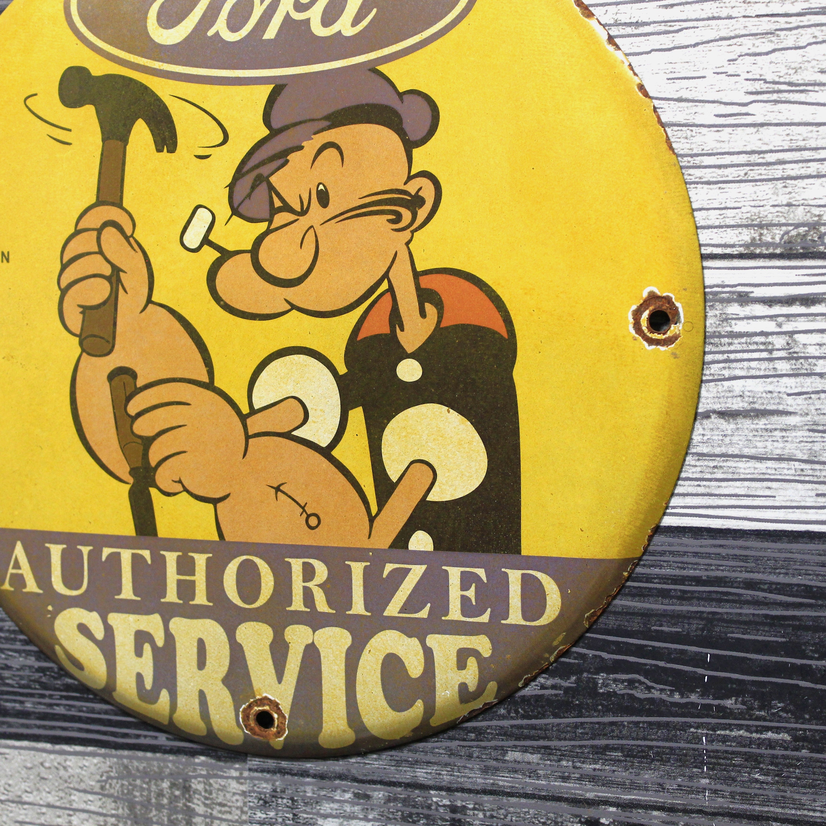 Ford Authorized Service with Popeye Porcelain Enamel Sign (12in)