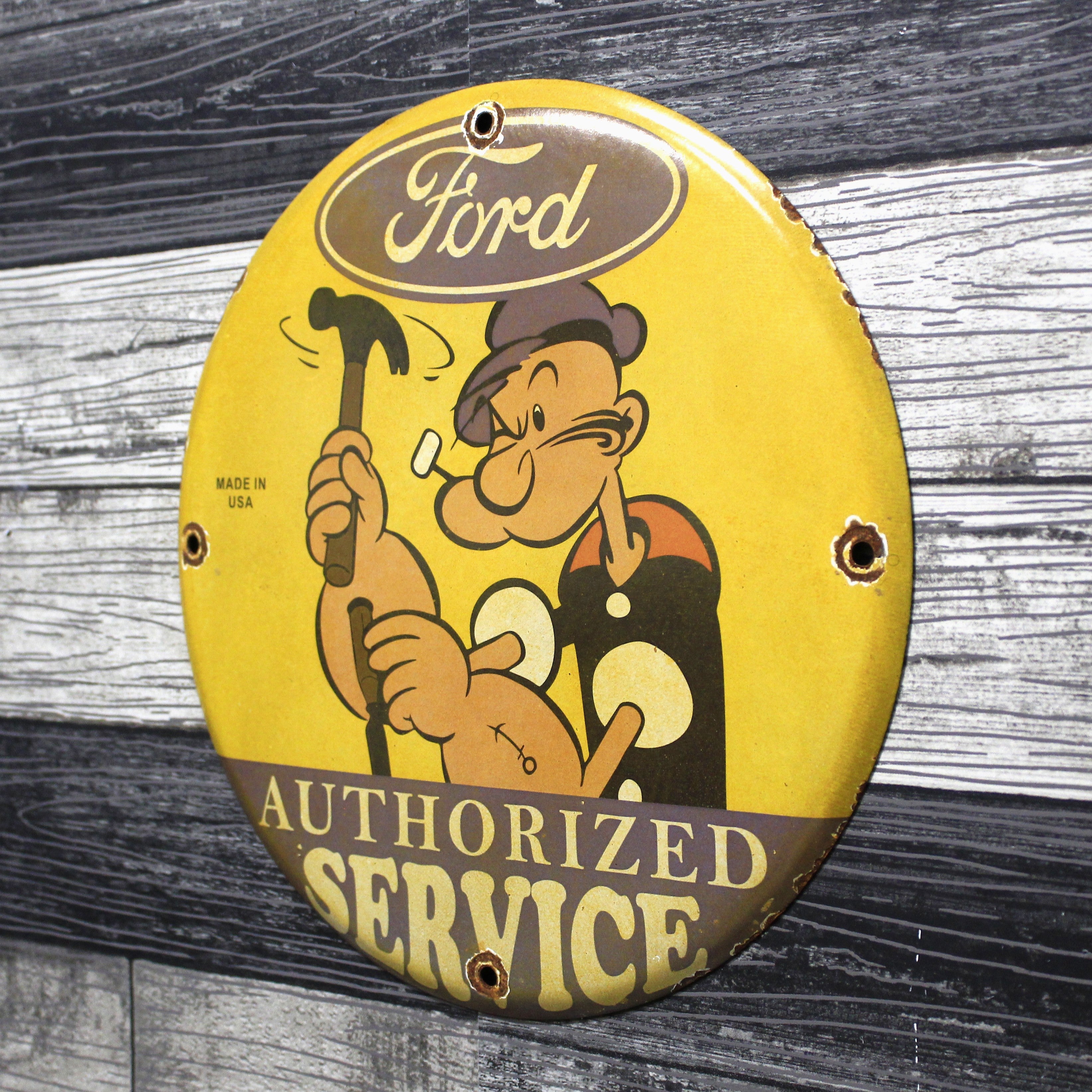Ford Authorized Service with Popeye Porcelain Enamel Sign (12in)