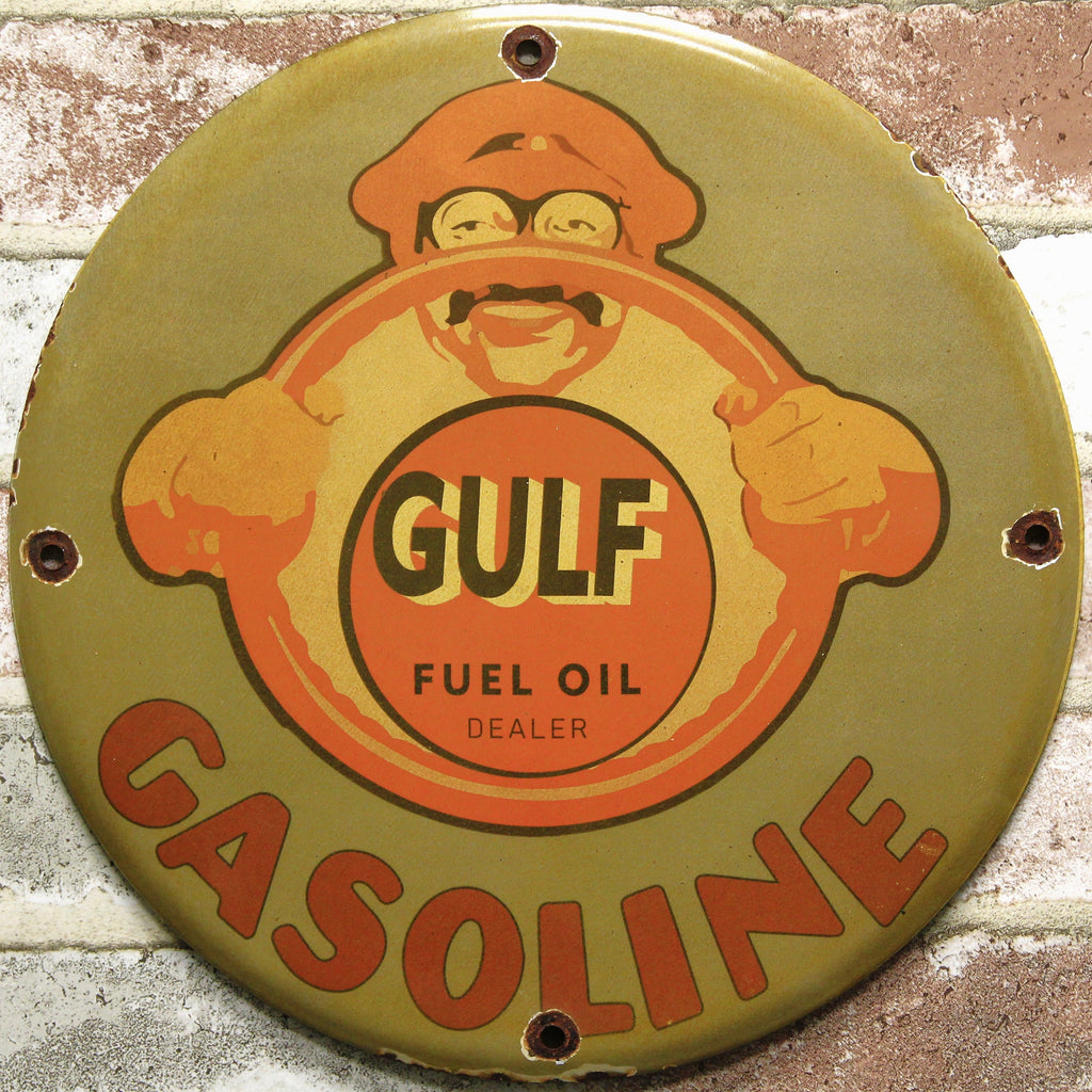 Gulf Fuel Oil Smiling Driver Porcelain Enamel Sign (12in)