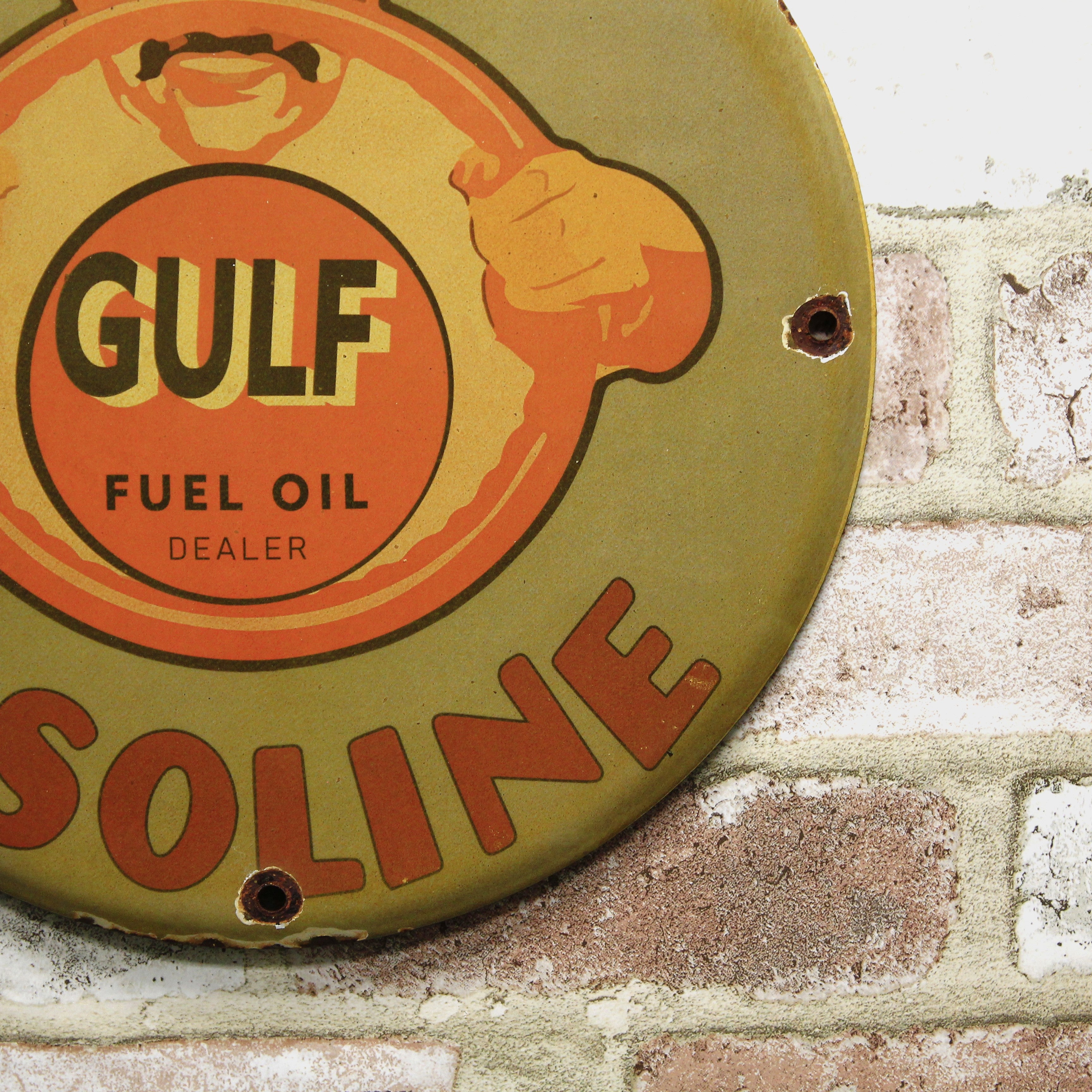 Gulf Fuel Oil Smiling Driver Porcelain Enamel Sign (12in)