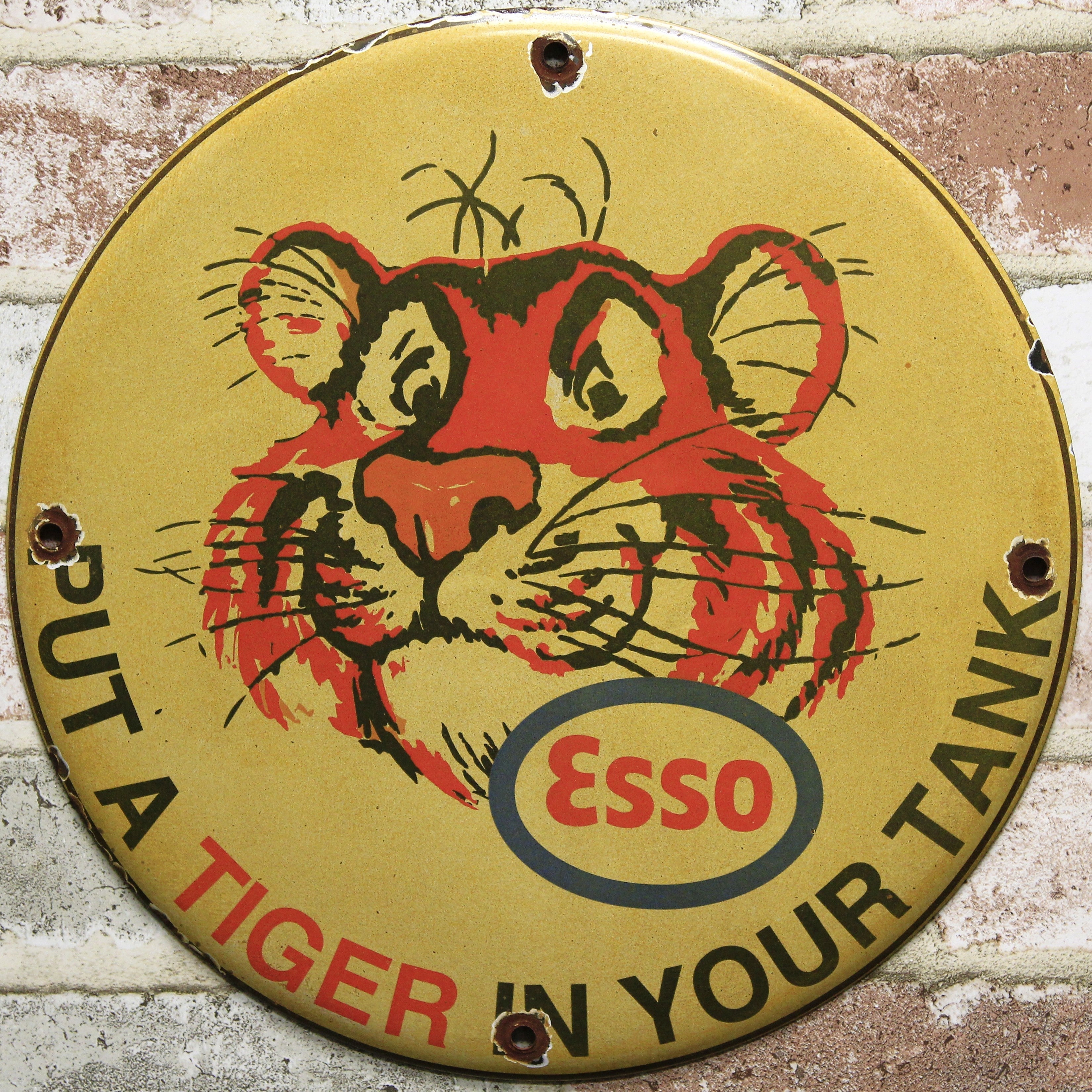Esso Tiger Face Vintage Porcelain Enamel Sign (12in)