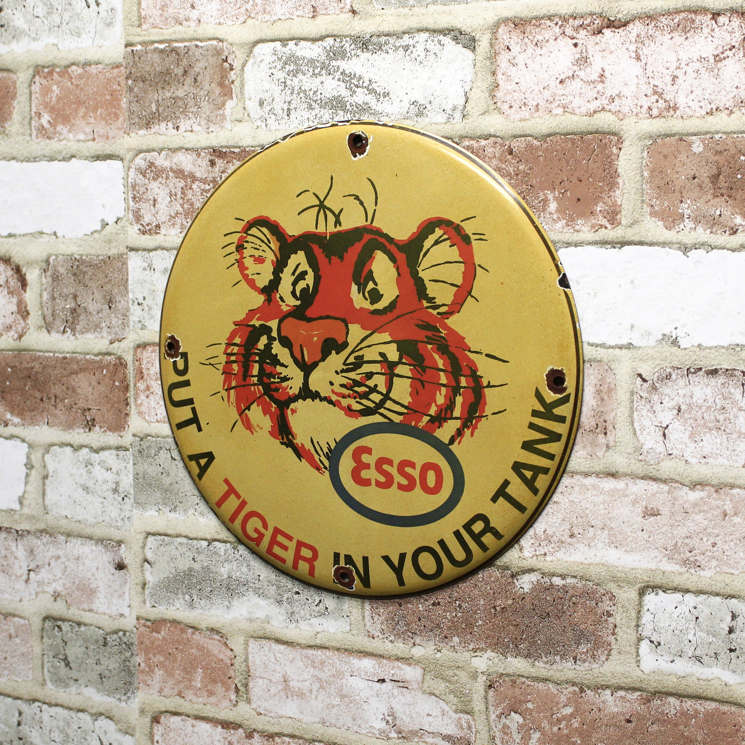 Esso Tiger Face Vintage Porcelain Enamel Sign (12in)