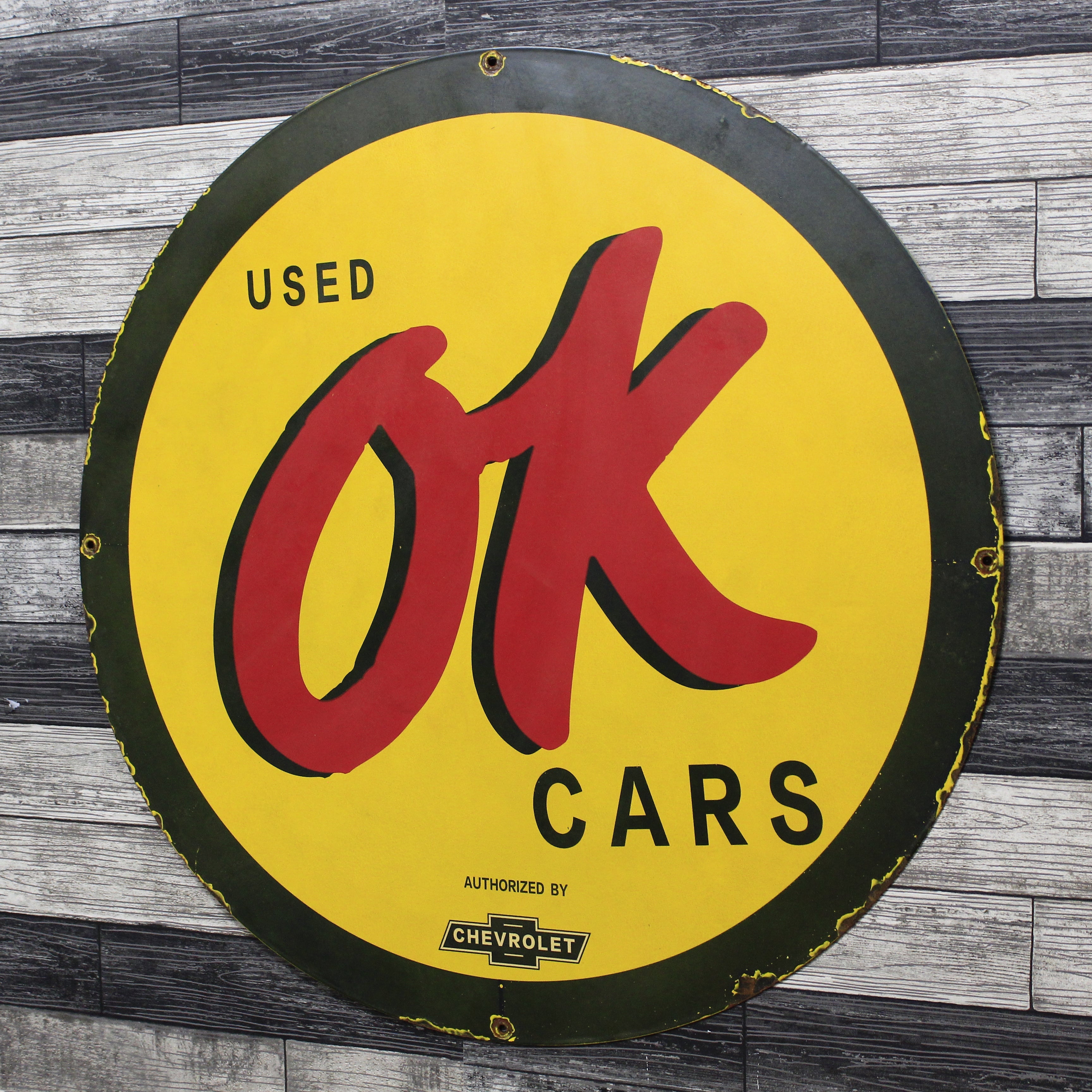 OK Used Cars Large 30-Inch Porcelain Vintage Chevrolet Heavy Metal Enamel Sign