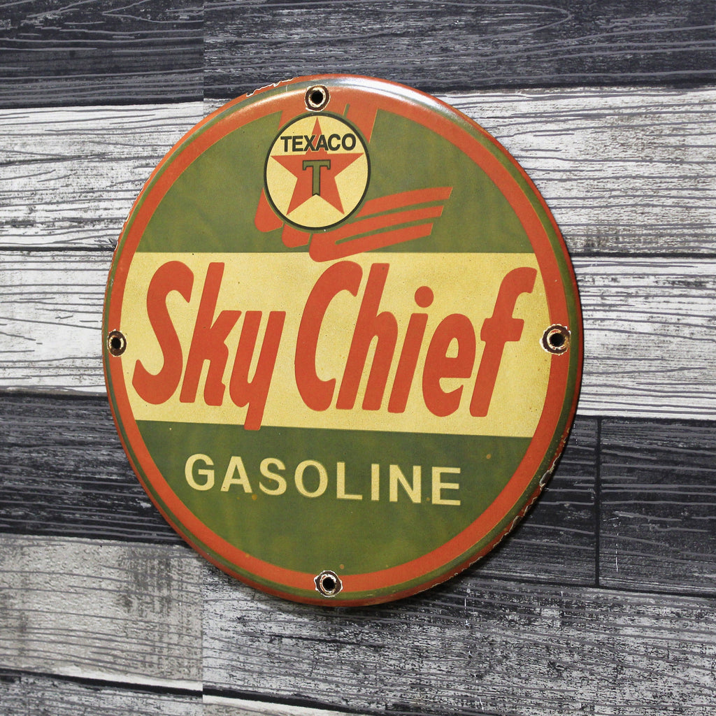 Texaco Sky Chief Gasoline Vintage Porcelain Enamel Sign (12in)
