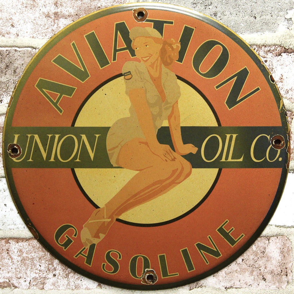 Union Oil Pinup Girl Aviation Gasoline Porcelain Enamel Sign (12in)