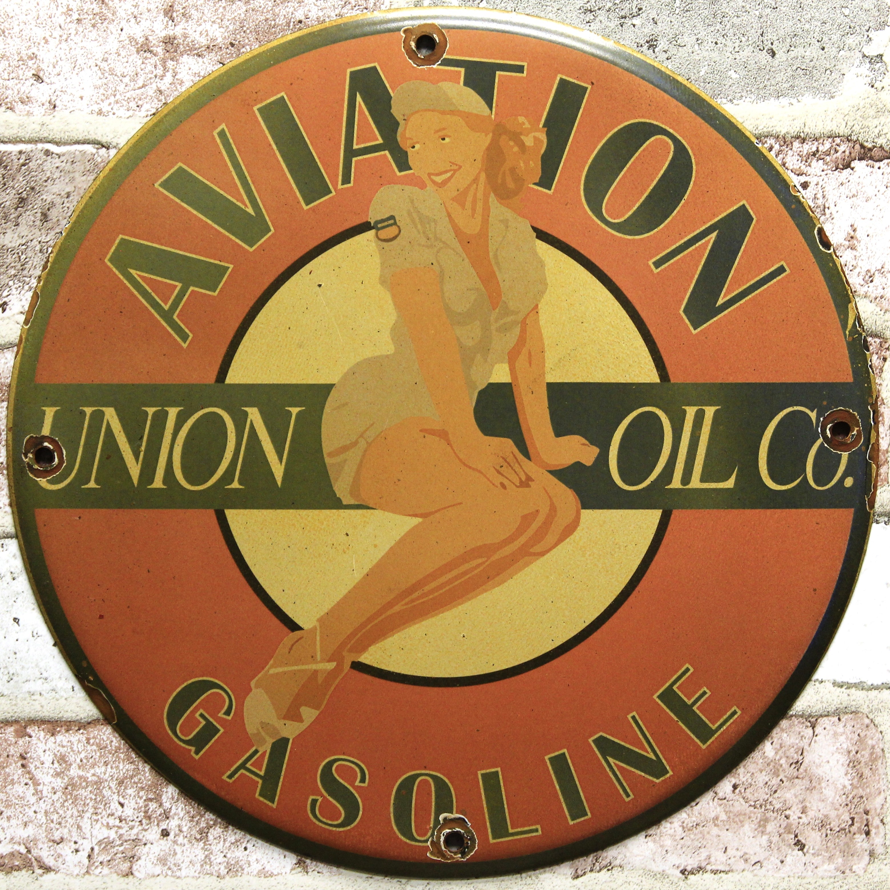 Union Oil Pinup Girl Aviation Gasoline Porcelain Enamel Sign (12in)