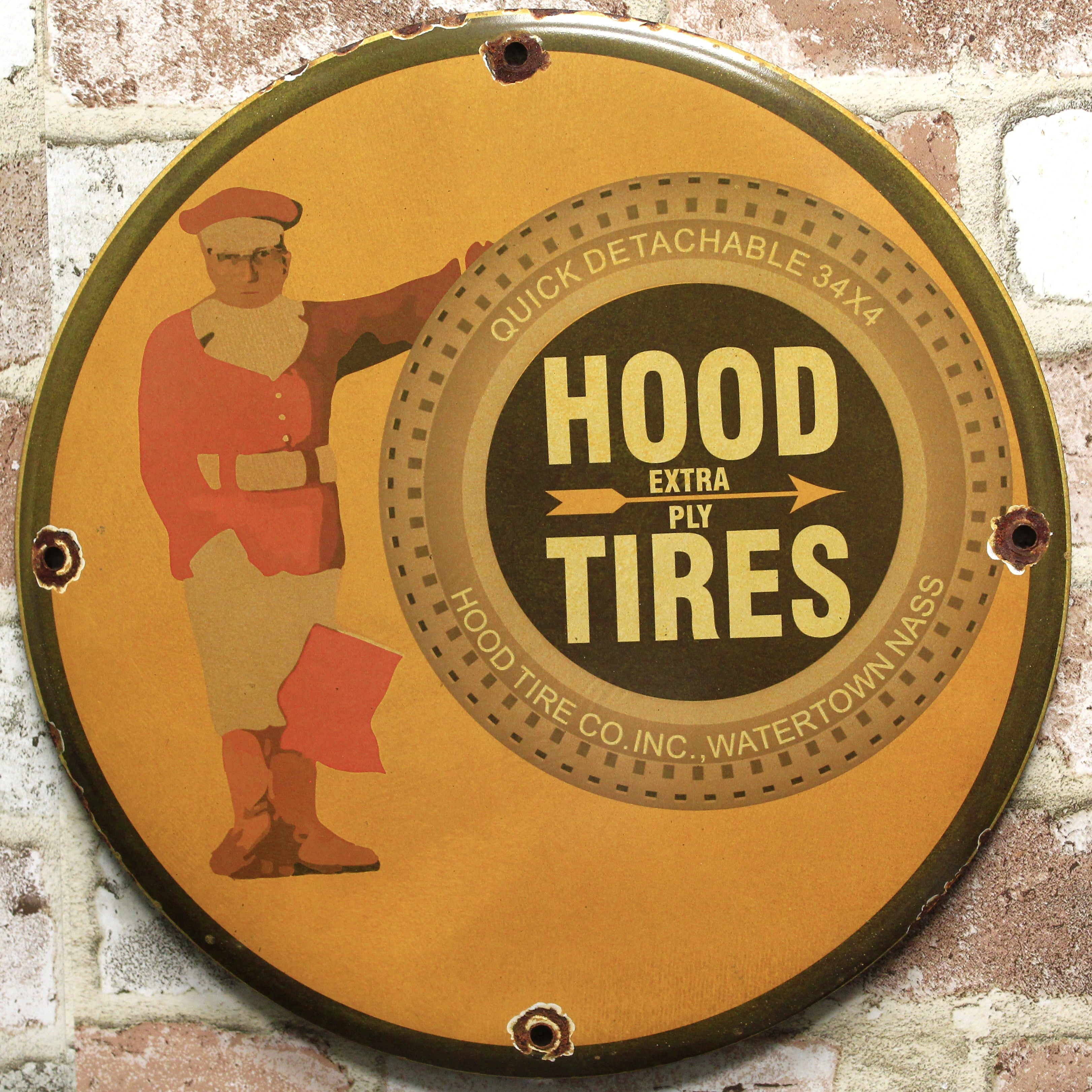 Hood Tires Extra Ply Vintage Advertisement Porcelain Enamel Sign (12in)