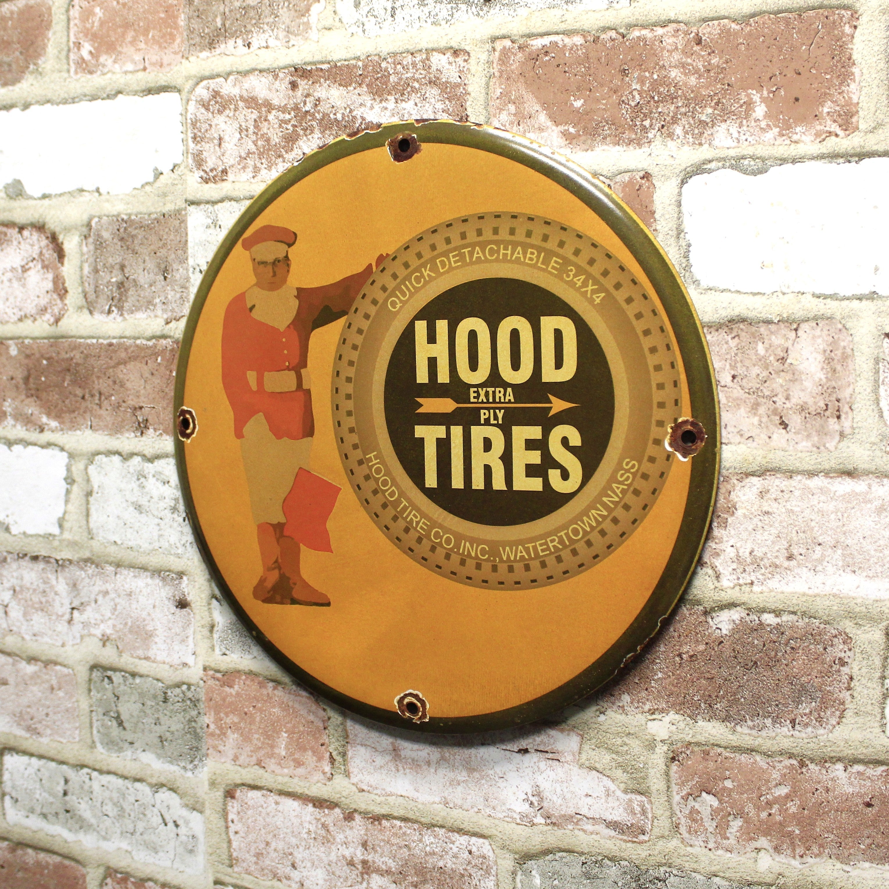 Hood Tires Extra Ply Vintage Advertisement Porcelain Enamel Sign (12in)