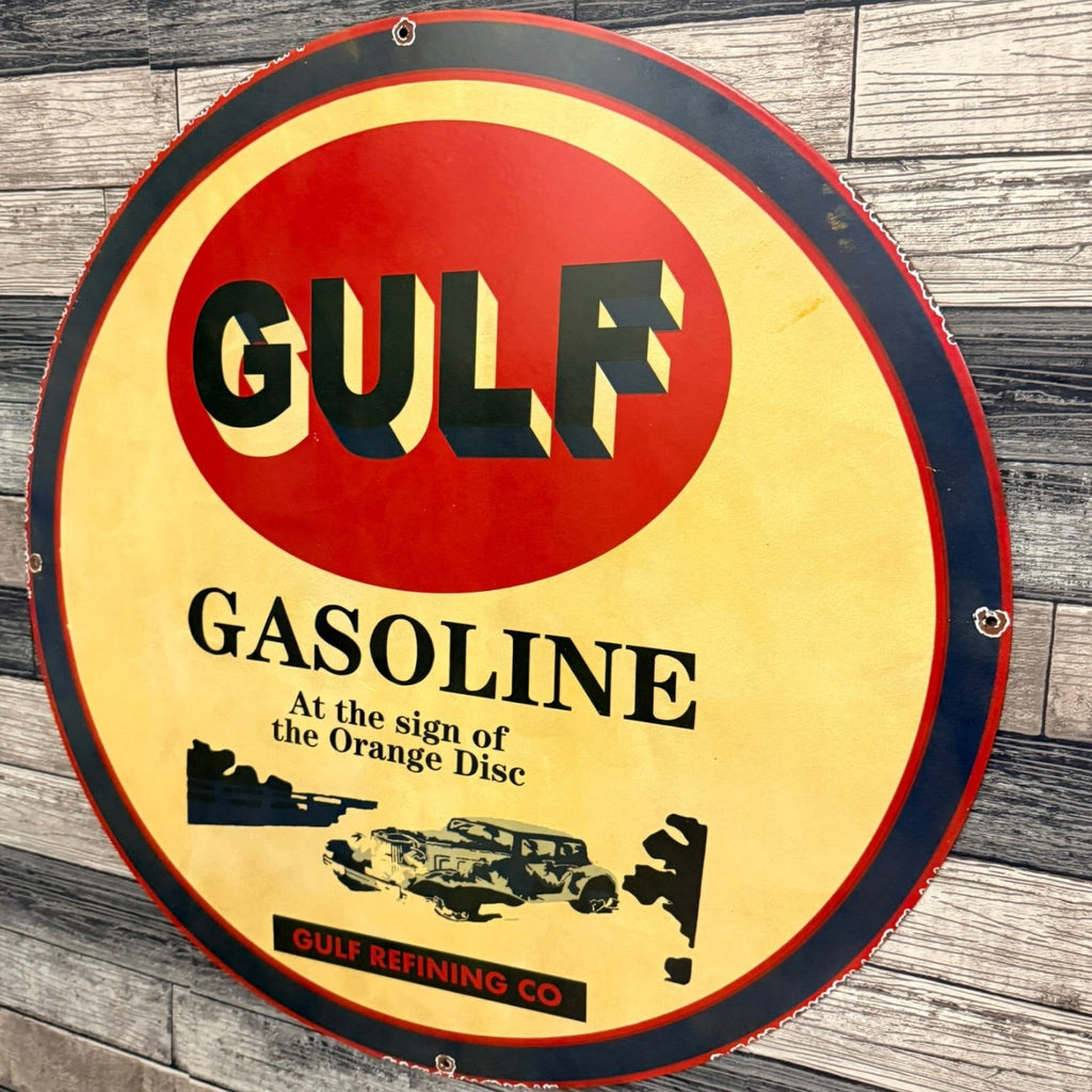 GULF Gasoline Refining Large 30-Inch Metal Porcelain Enamel Sign