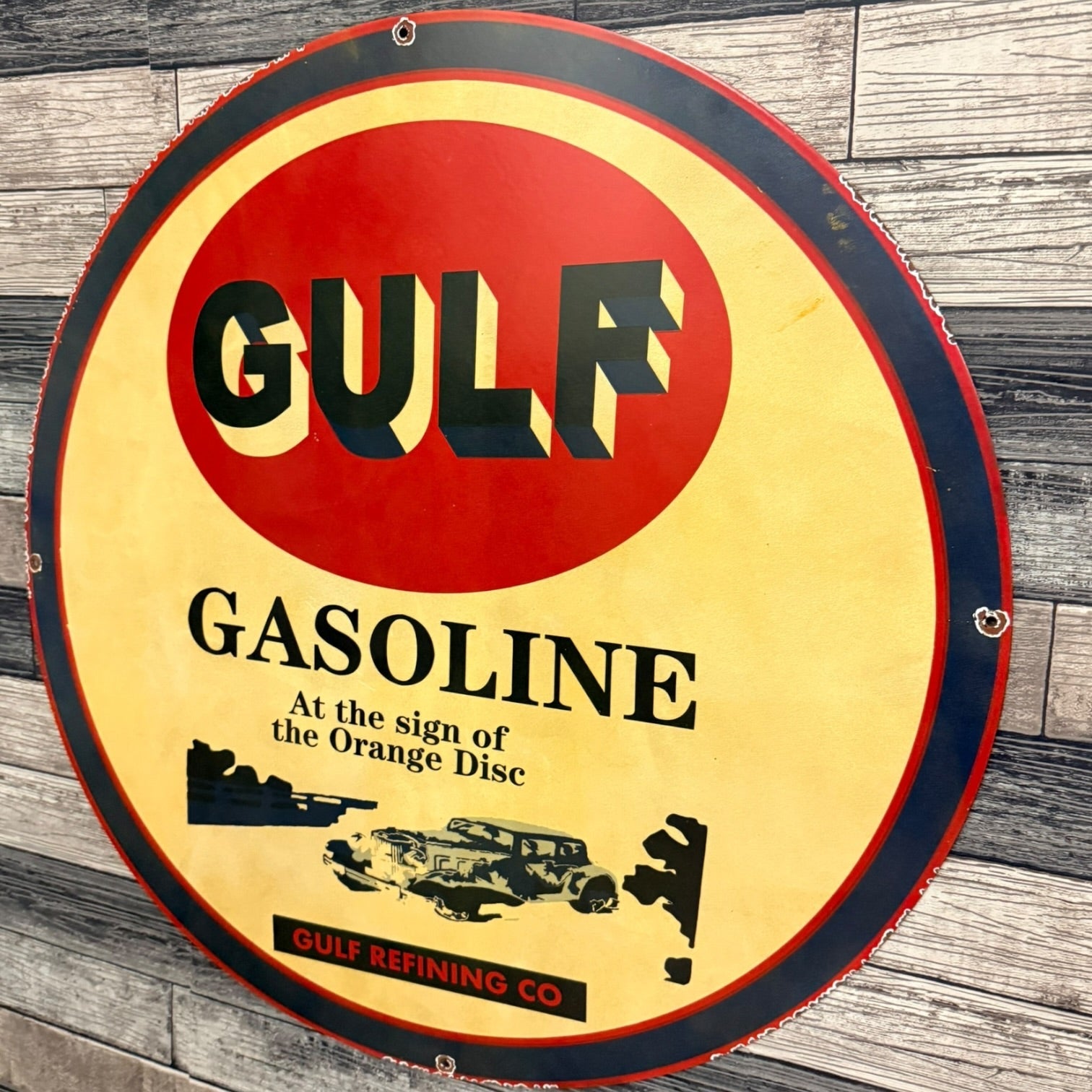 GULF Gasoline Refining Large 30-Inch Metal Porcelain Enamel Sign