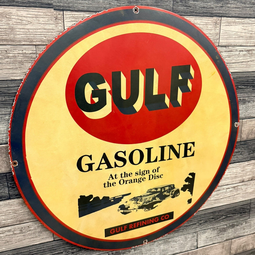 GULF Gasoline Refining Large 30-Inch Metal Porcelain Enamel Sign