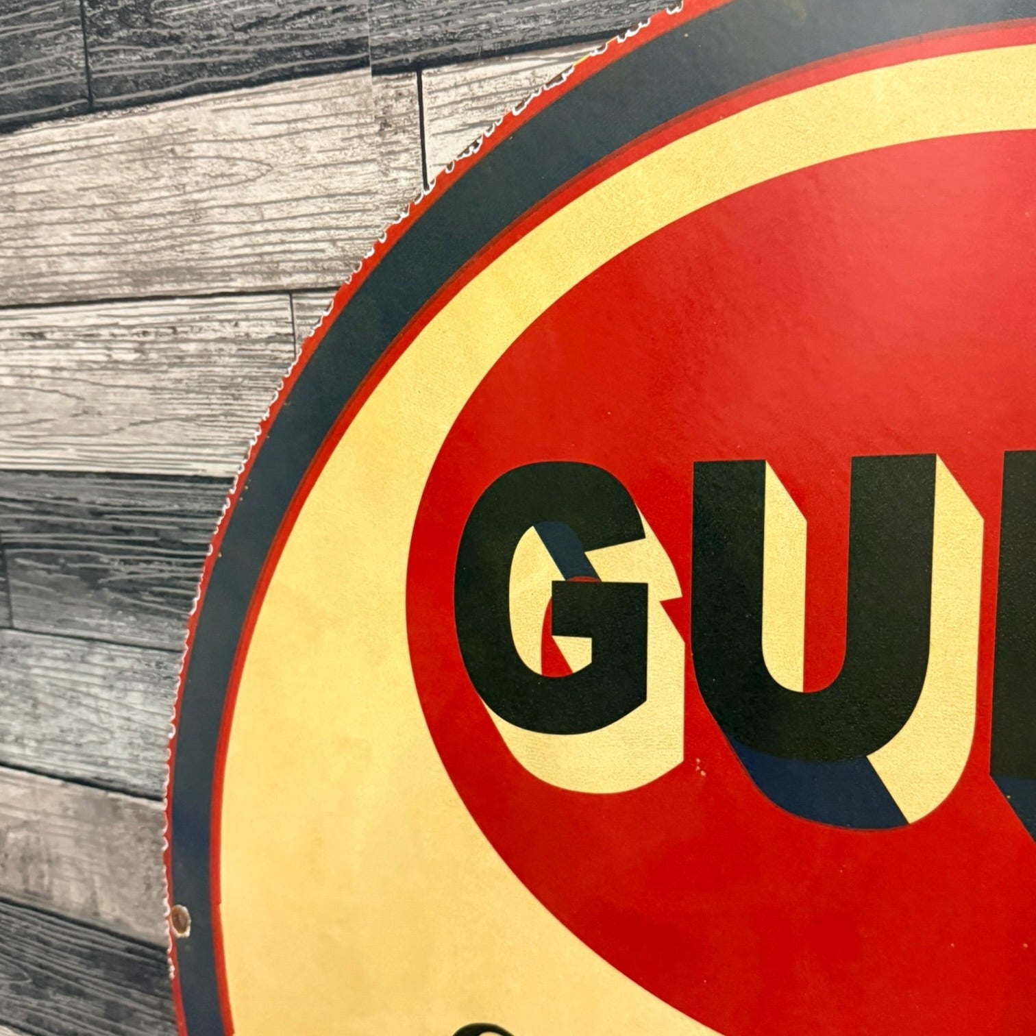 GULF Gasoline Refining Large 30-Inch Metal Porcelain Enamel Sign