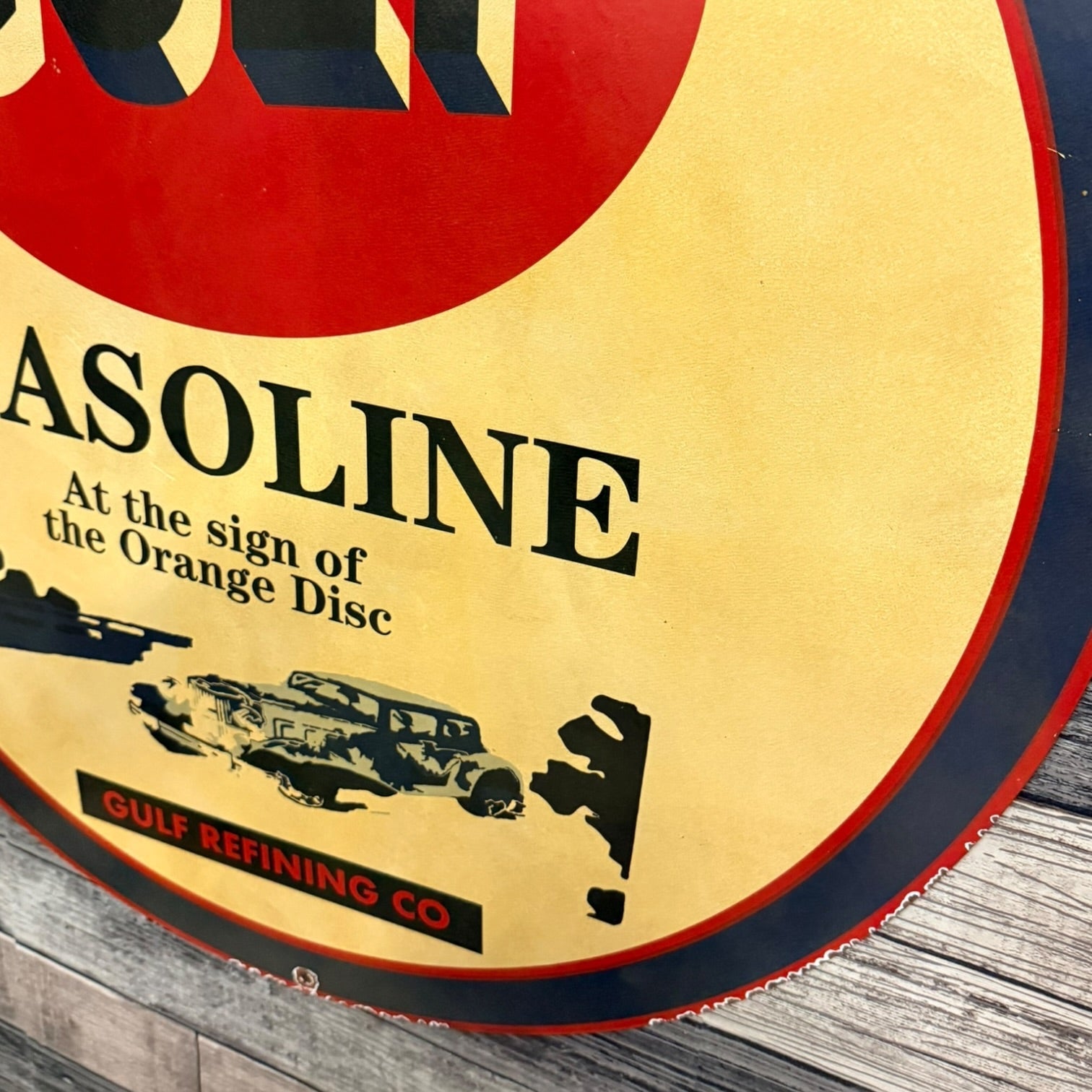 GULF Gasoline Refining Large 30-Inch Metal Porcelain Enamel Sign