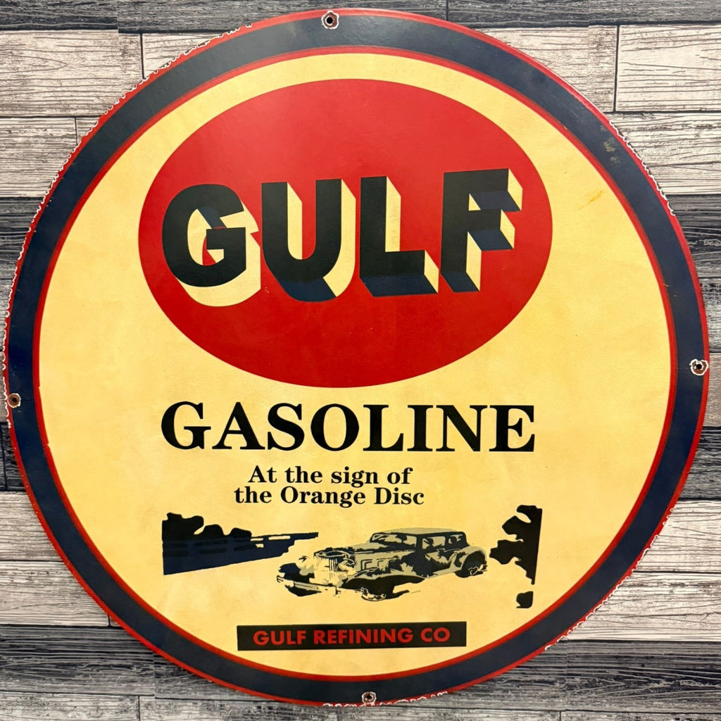 GULF Gasoline Refining Large 30-Inch Metal Porcelain Enamel Sign