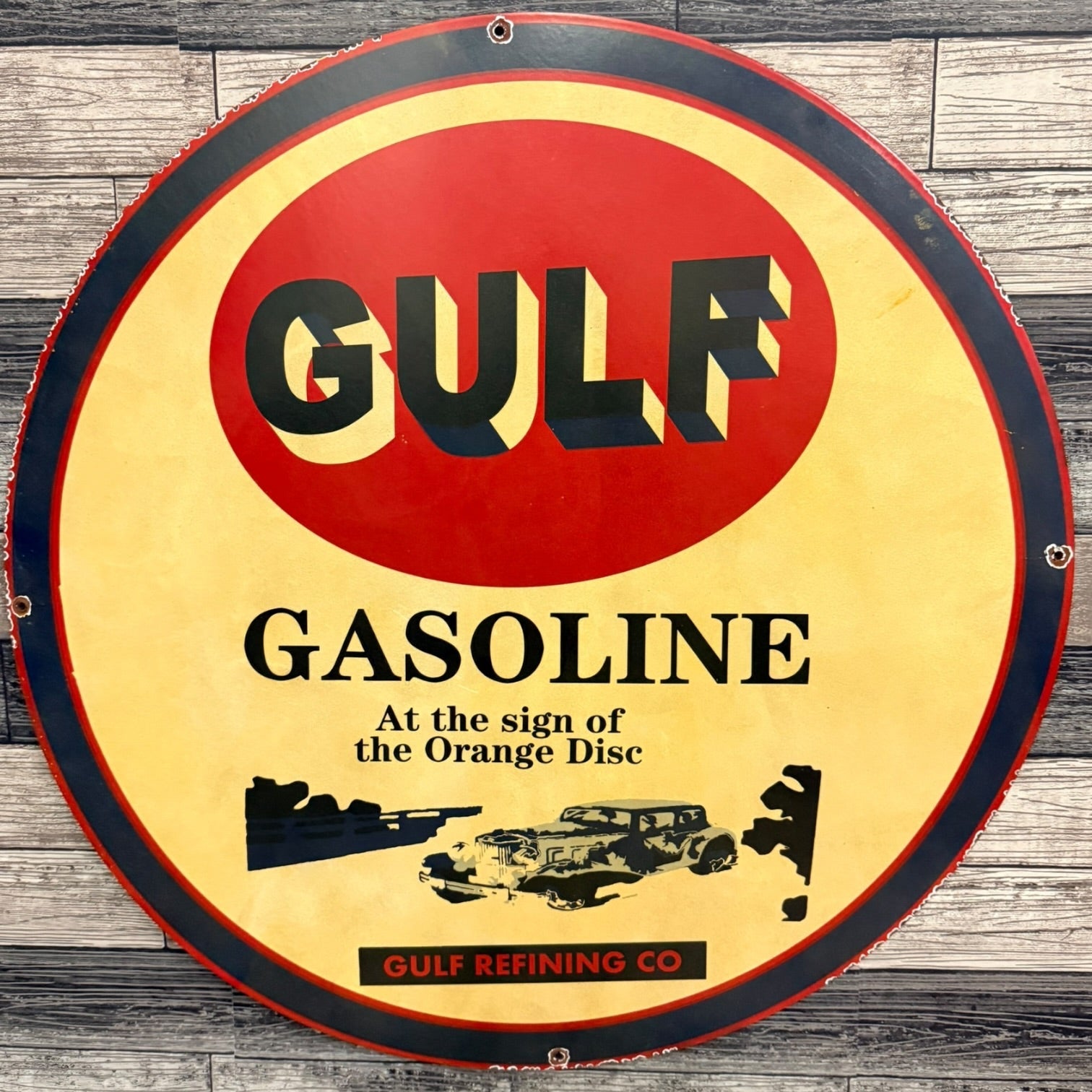 GULF Gasoline Refining Large 30-Inch Metal Porcelain Enamel Sign