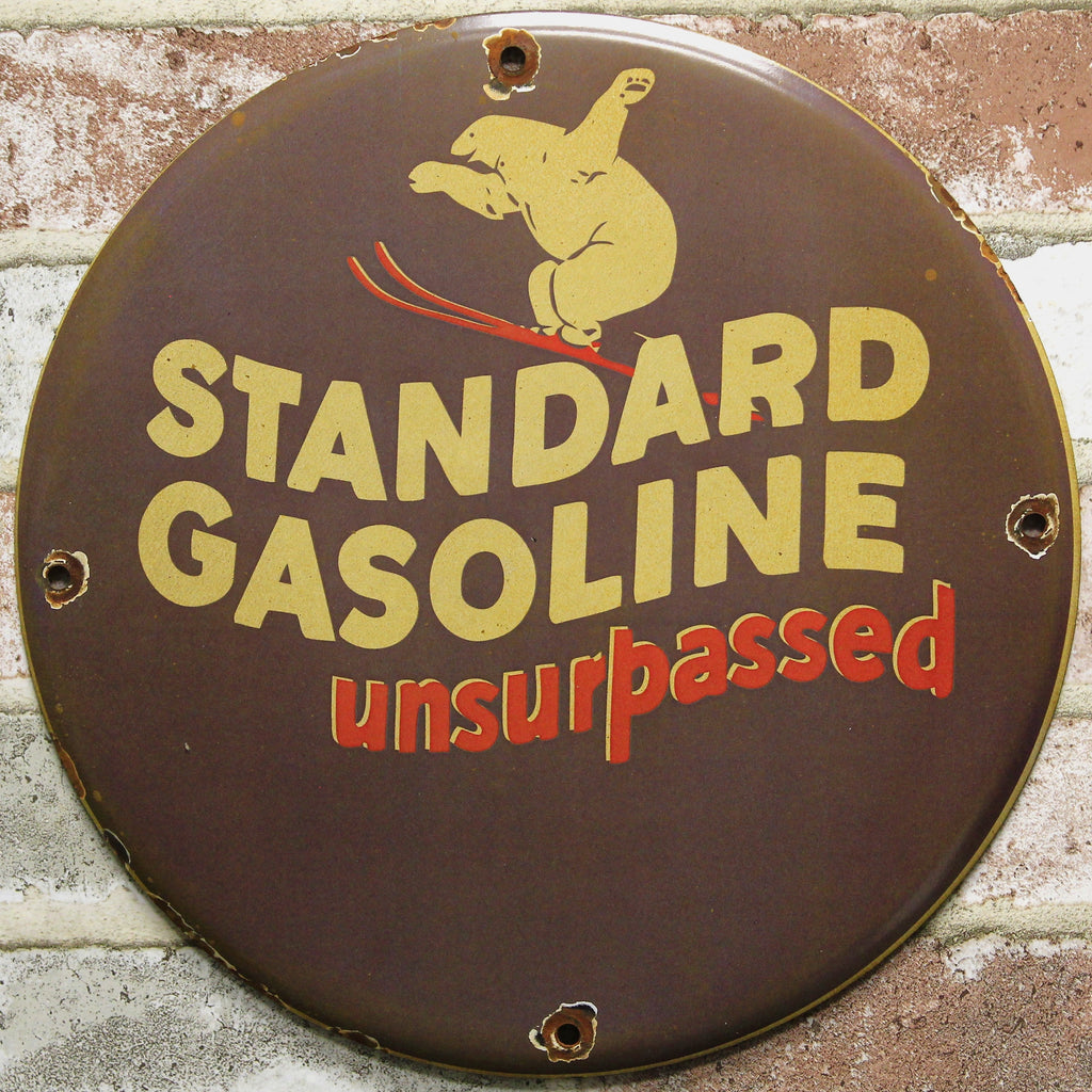 Standard Gasoline Polar Bear Ski Unsurpassed Porcelain Enamel Sign (12in)
