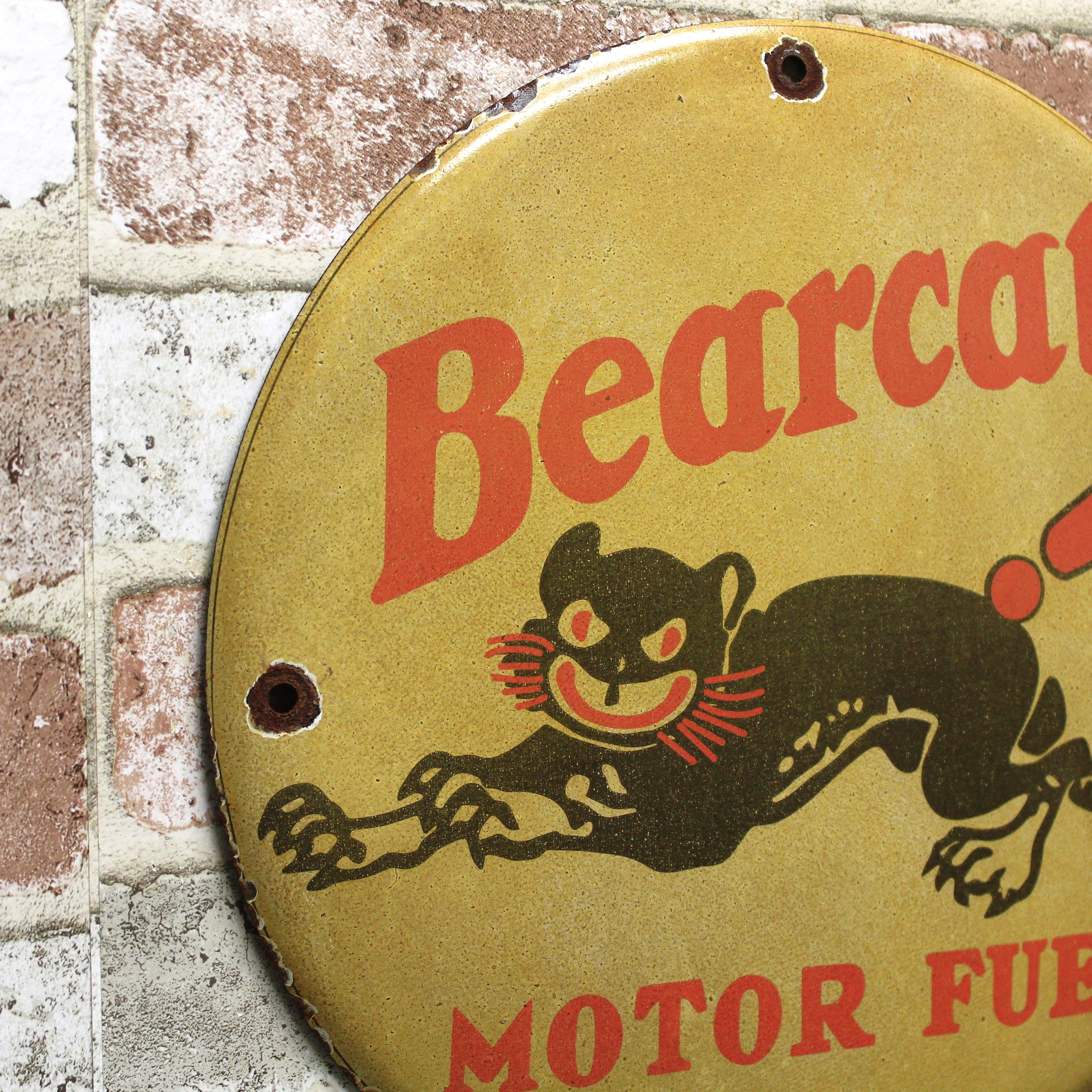 Bearcat Motor Fuel Vintage Porcelain Enamel Sign (12in)