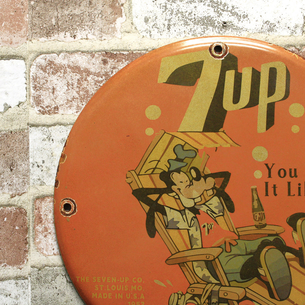 7UP You Like It with Goofy Vintage Porcelain Enamel Sign (12in)