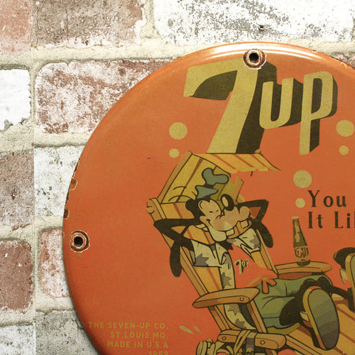 7UP You Like It with Goofy Vintage Porcelain Enamel Sign (12in)