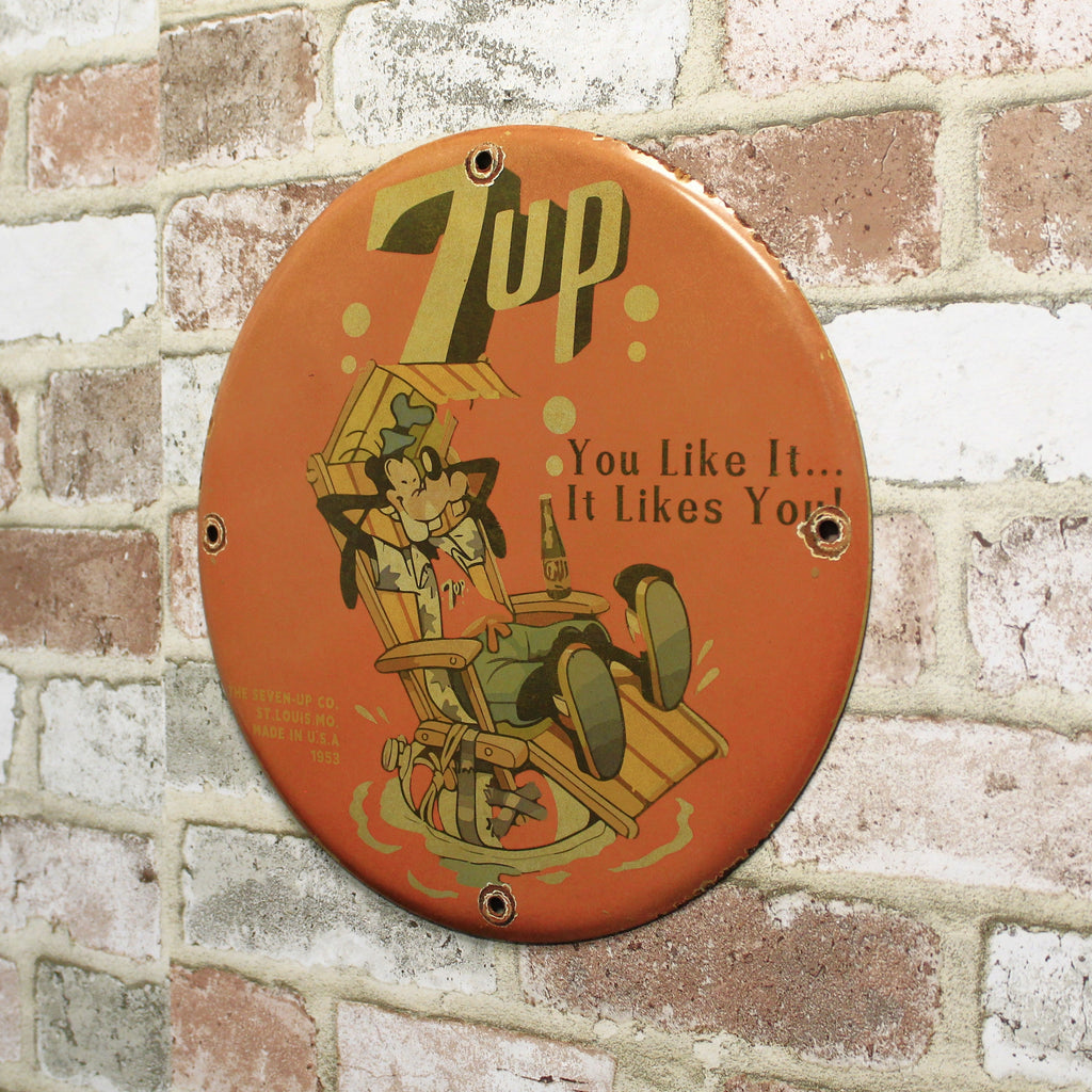 7UP You Like It with Goofy Vintage Porcelain Enamel Sign (12in)